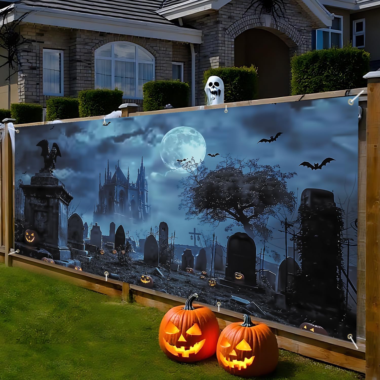 ANNA QUEEN Halloween Garage Door Banner 6 x 13FT, Spooky Haunted Graveyard with Pumpkins Flying Bats Full Moon Creepy Pathway Outdoor Decoration for Halloween Parties Yard Home Decor