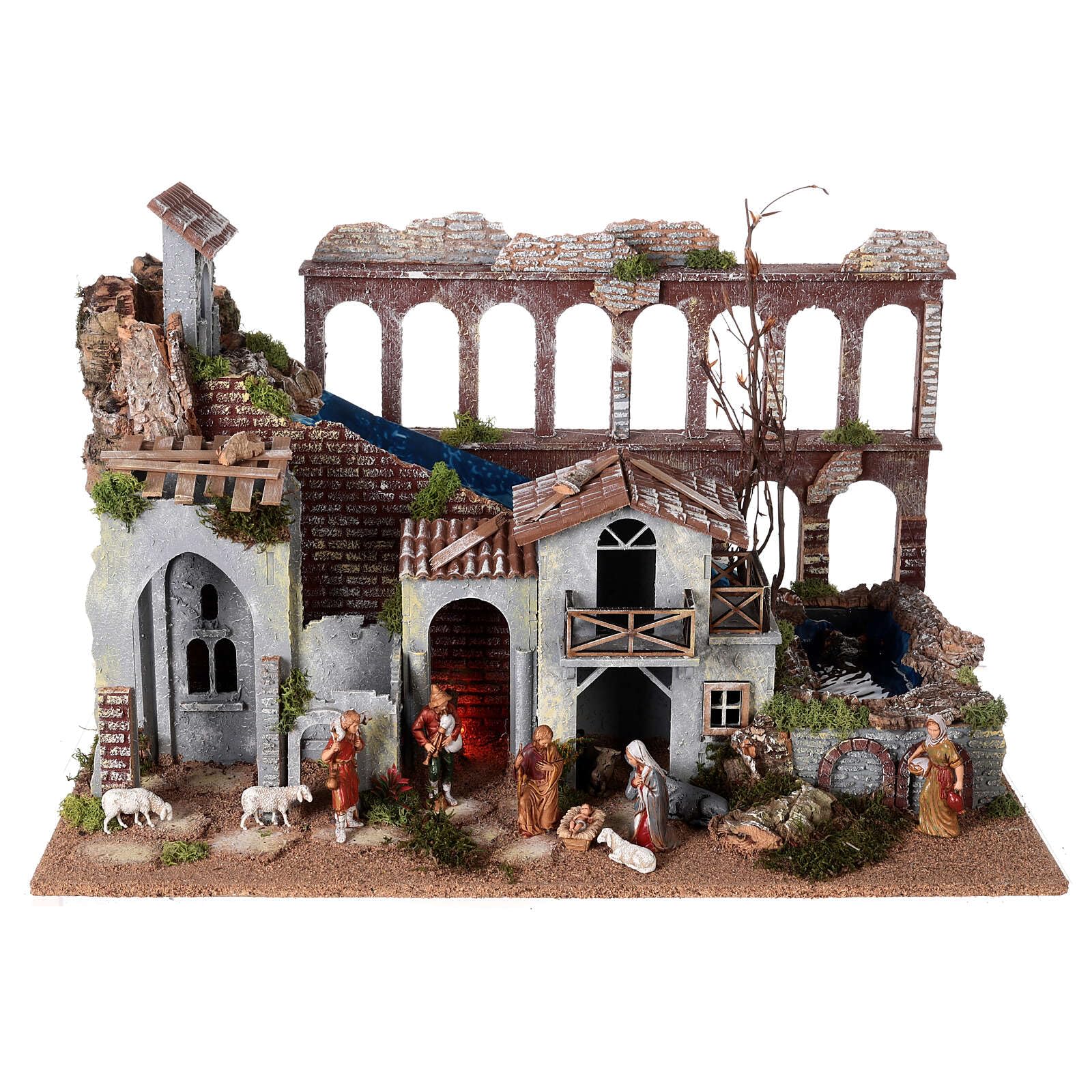 Holyart Aqueduct, house with fire and Moranduzzo's Nativity Scene with 10 cm figurines, 19th century style, 60x30x40 cm