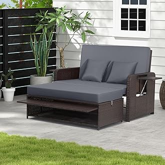 Nightcore Wicker Patio Outdoor Daybed, Outdoor Chaise Lounger w/ 4-Level Adjustable Backrest, Retractable Side Trays, Storage Ottoman, Comfortable & Removable Cushions, Rattan Loveseat (Gray)