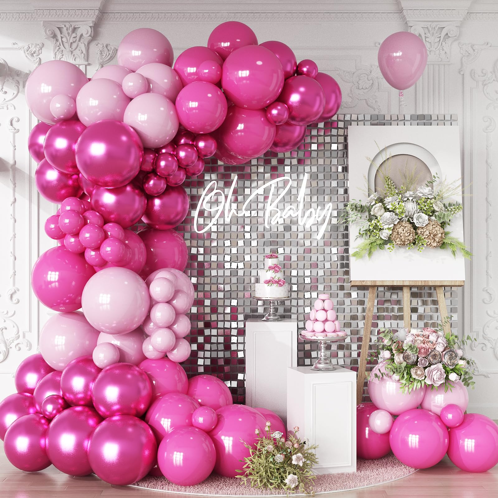 HILAVO Globos de guirnalda rosa, magenta, rosa, metálico, globos para fiestas, globos de látex rosa pastel rosa para niñas y mujeres, cumpleaños, bodas, princesas, baby shower, bayas, fresas