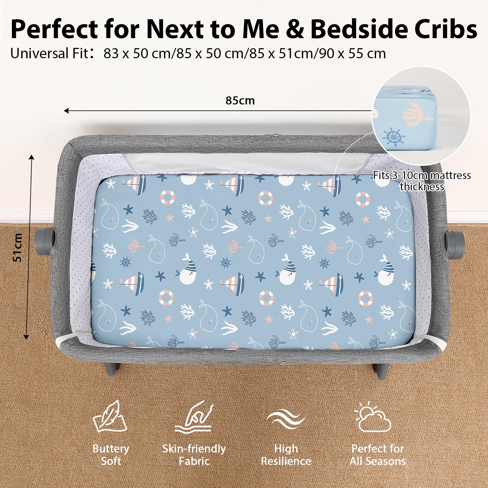 FIEMOL Next to Me Crib Sheets 85x51cm Fitted, 3 Pack Baby Cot Sheets - Image 2
