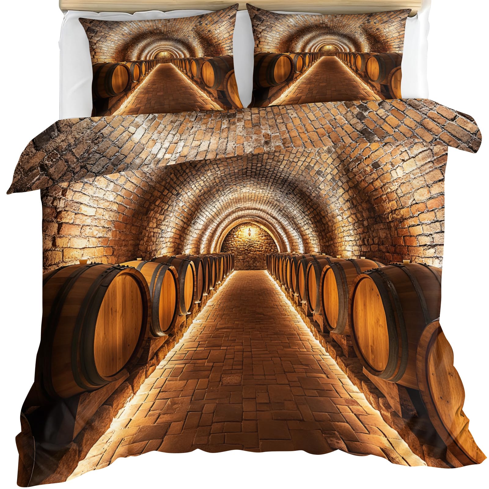Barrels Duvet Cover Queen Size, Vintage Wine Cellar Bedding Set 3 Piece, Wine Barrels Comforter Cover and 2 Pillow Sham with Zipper Closure 90" x90"