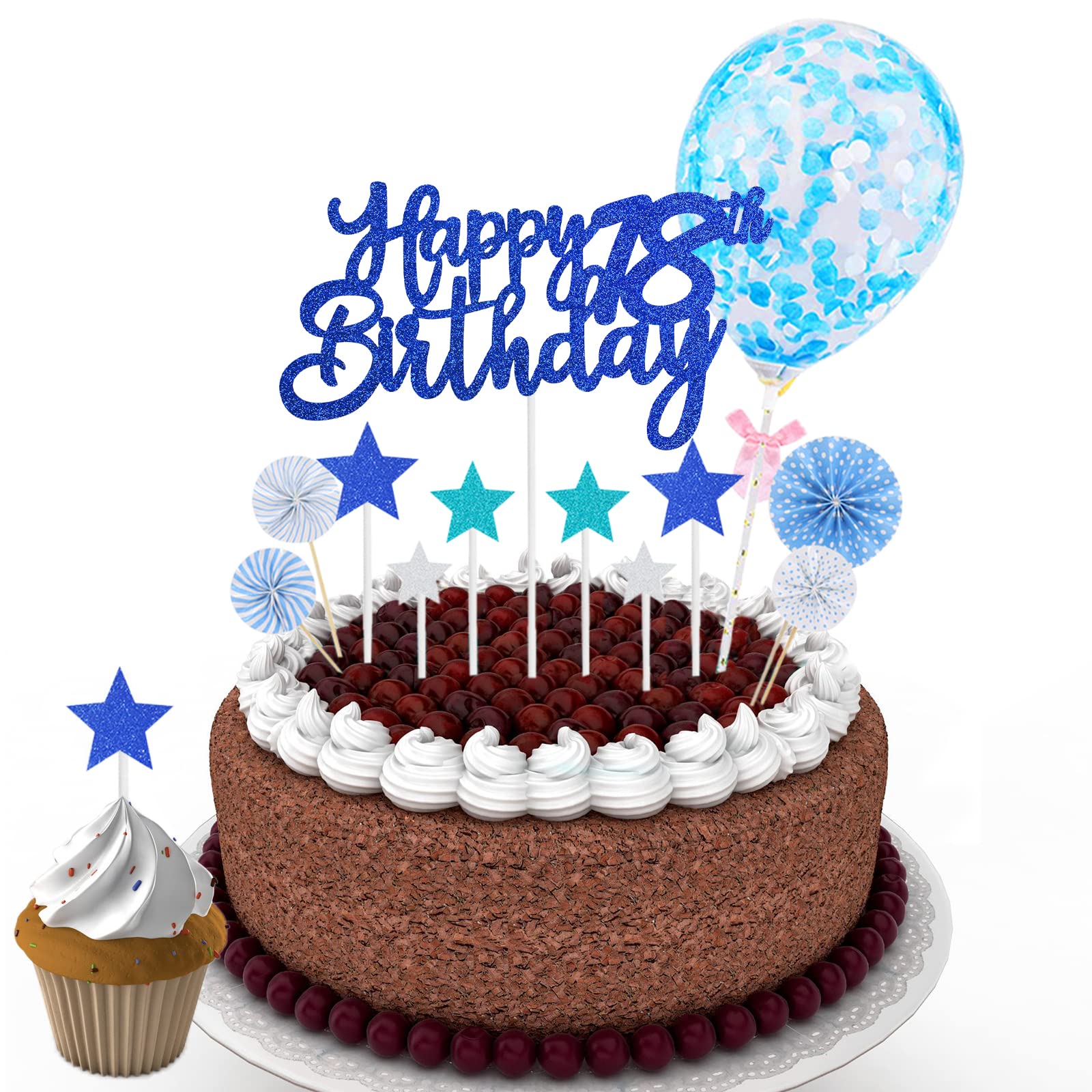 VEGCOO 18th Birthday Party Decorations, Happy Birthday Cake Topper, 20PCS Birthday Blue Glitter Cake Toppers, Happy 18th Birthday Cake Topper for Girl Boy 18th Birthday Cakes Cupcakes