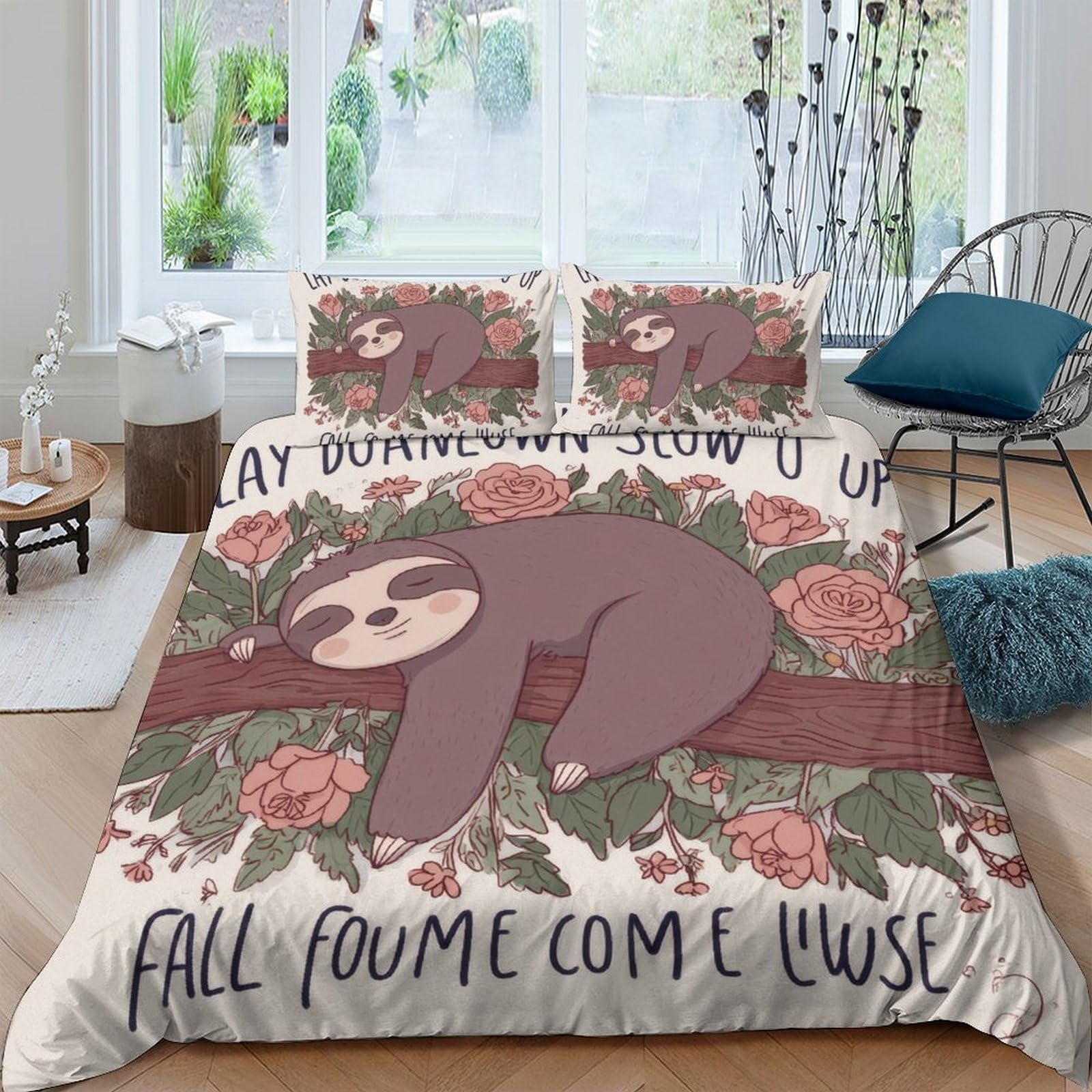 GPLZQXKJNH 3D Printed Sloth Floral Duvet Cover Set Microfiber Soft Breathable Botanical Bedding with 2 Pillowcases for Bedroom Single（135x200cm）