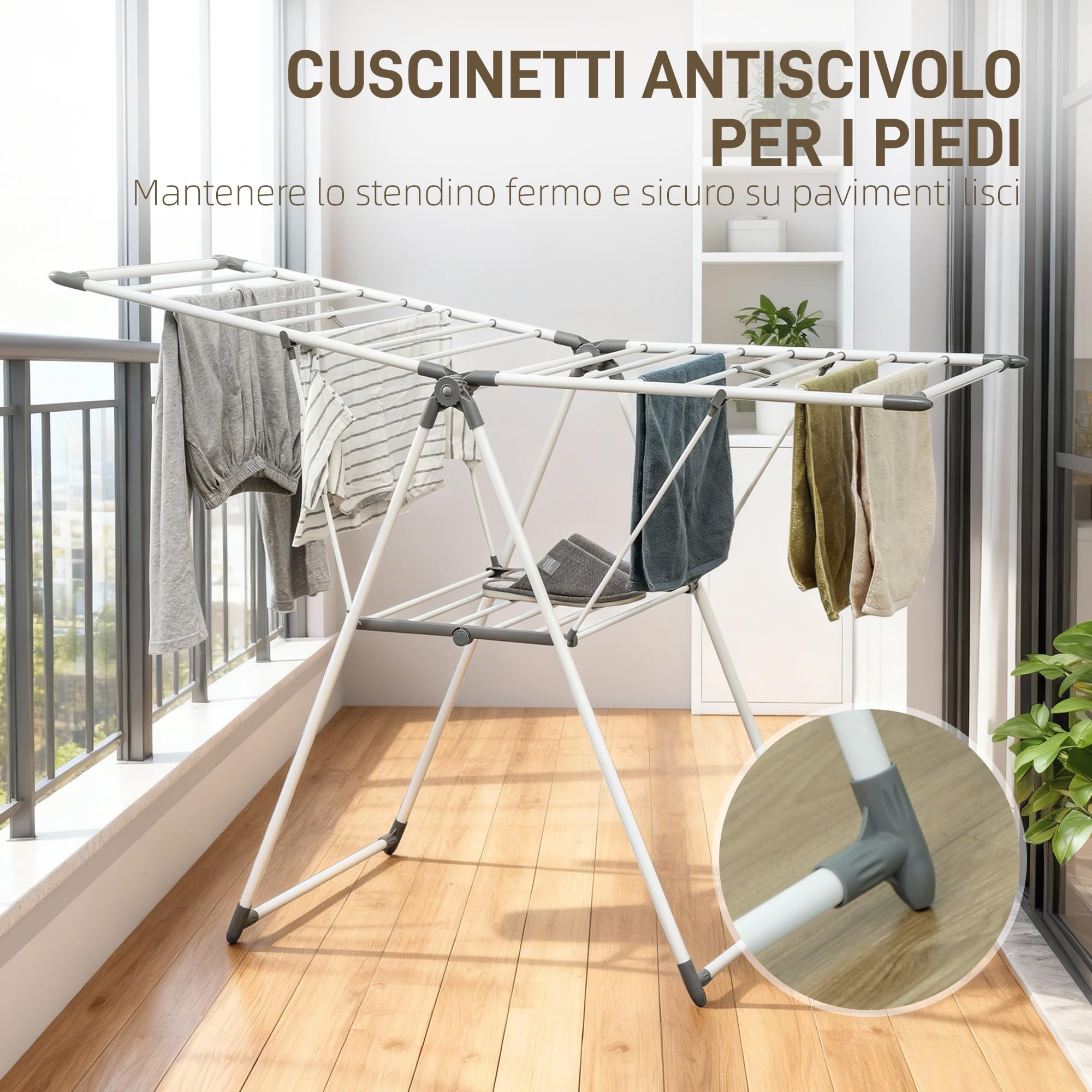HOMCOM Stendibiancheria a 2 Livelli Regolabile 156.5x61.5x97 cm Bianco | su 4 Altezze Diverse, Stendino, Piedini Antiscivolo, Metallo e Plastica