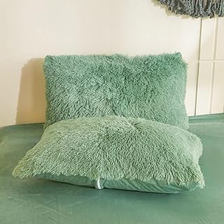 Green Fuzzy Pillow Covers, Fluffy Plush Furry Shaggy Faux Fur Pillow Cases for Bedroom décor, Soft Green Pillow Covers 26"x20" with Zipper Closure, Decorative Set of 2