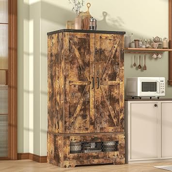 kepptory 47" Farmhouse Pantry Cabinet with Barn Door & Large Drawer | Freestanding Kitchen Storage Cabinet with Adjustable Shelves, Brown