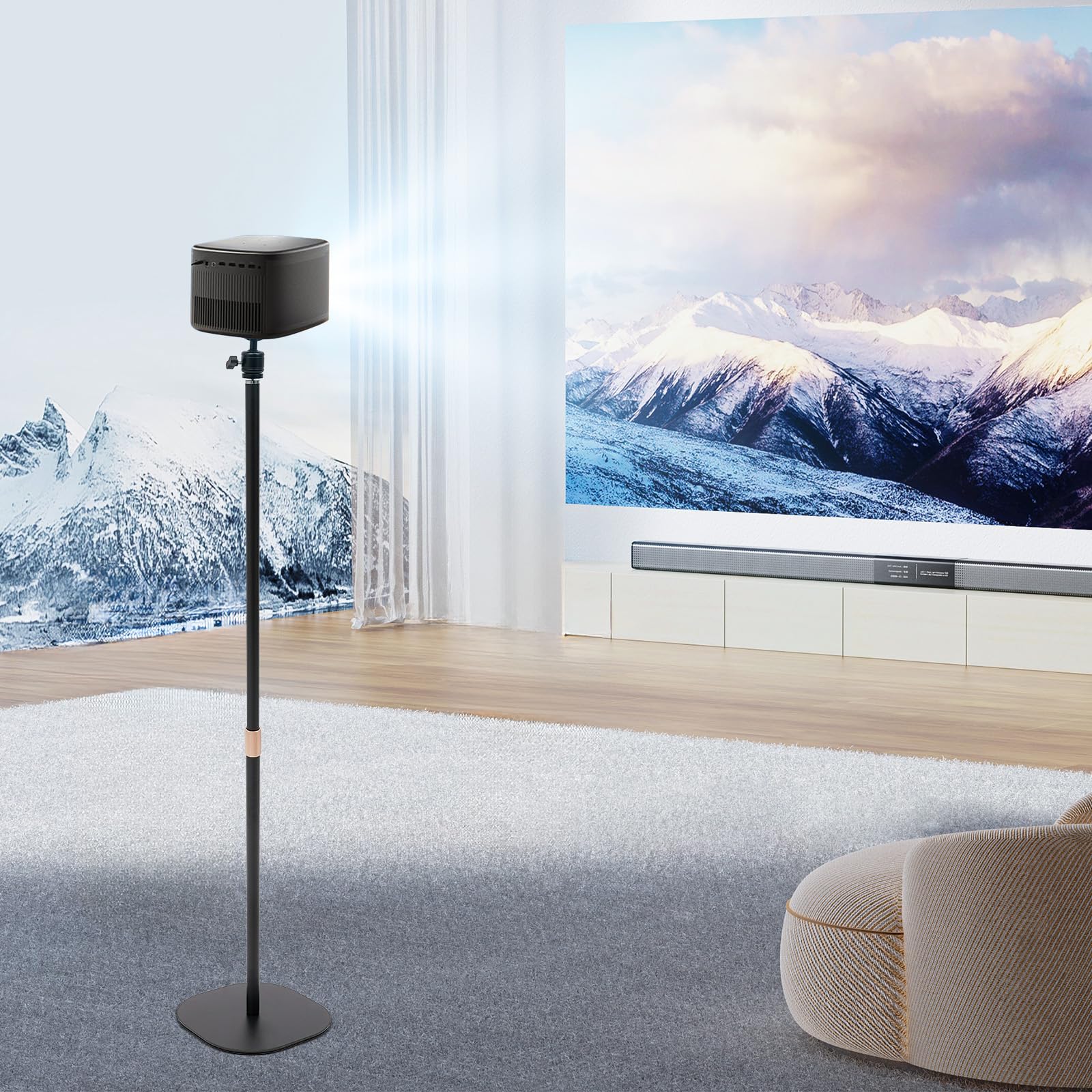 Metalen beamerstandaard, in hoogte verstelbaar van 65-120 cm, projectorhouder, 360° draaibaar, instelbare hellingshoek 90°, voor projectoren met 1/4-spikes, kan in slaapkamers, woonkamers en balkons