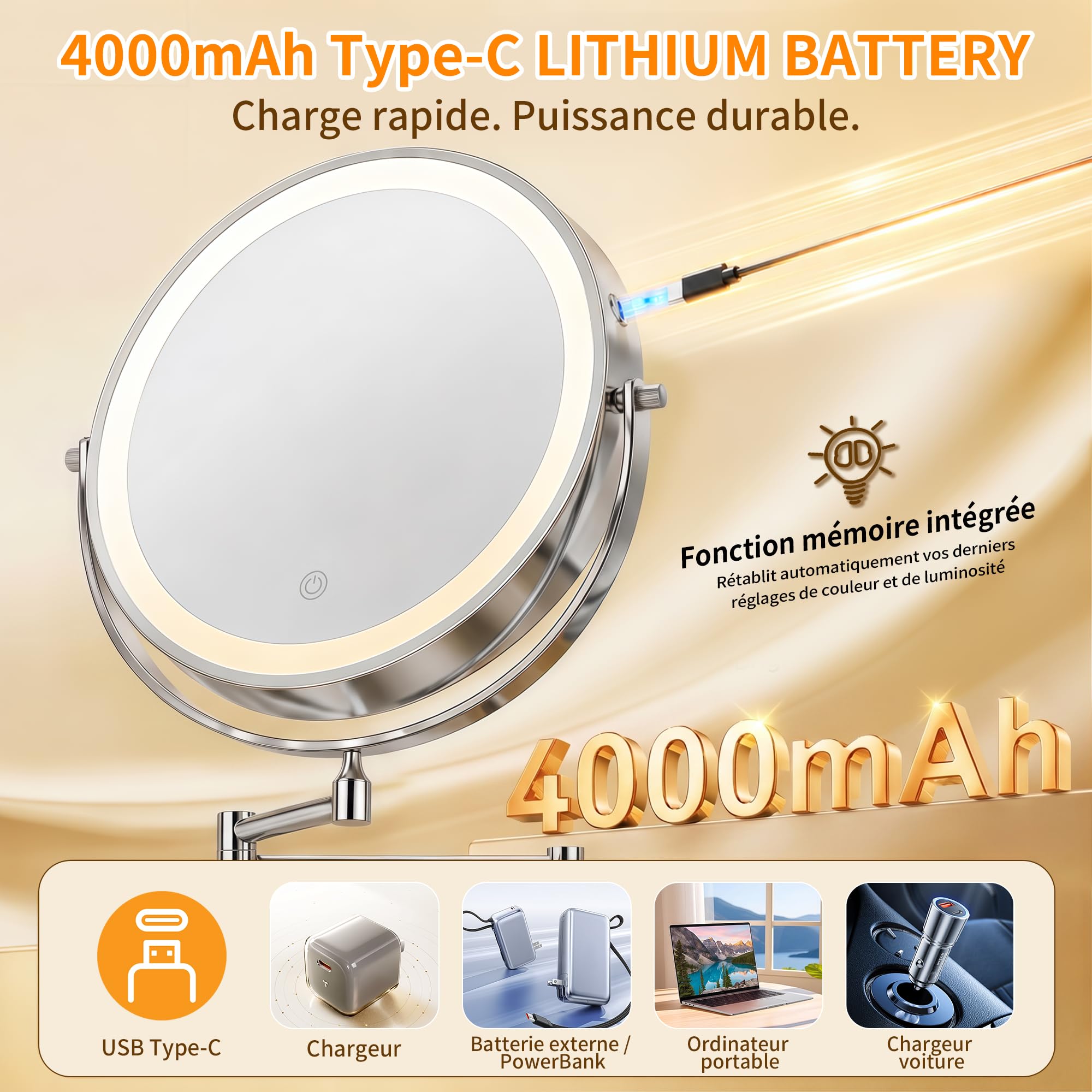 ICARE Miroir Grossissant Mural 30X/1X – 8 inch Miroir Grossissant Lumineux Mural – 3 Températures de Couleur Ventouse – Rotation 360° – Batterie Rechargeable 4000mAh – Idéal Salle de Bain, Maquillage