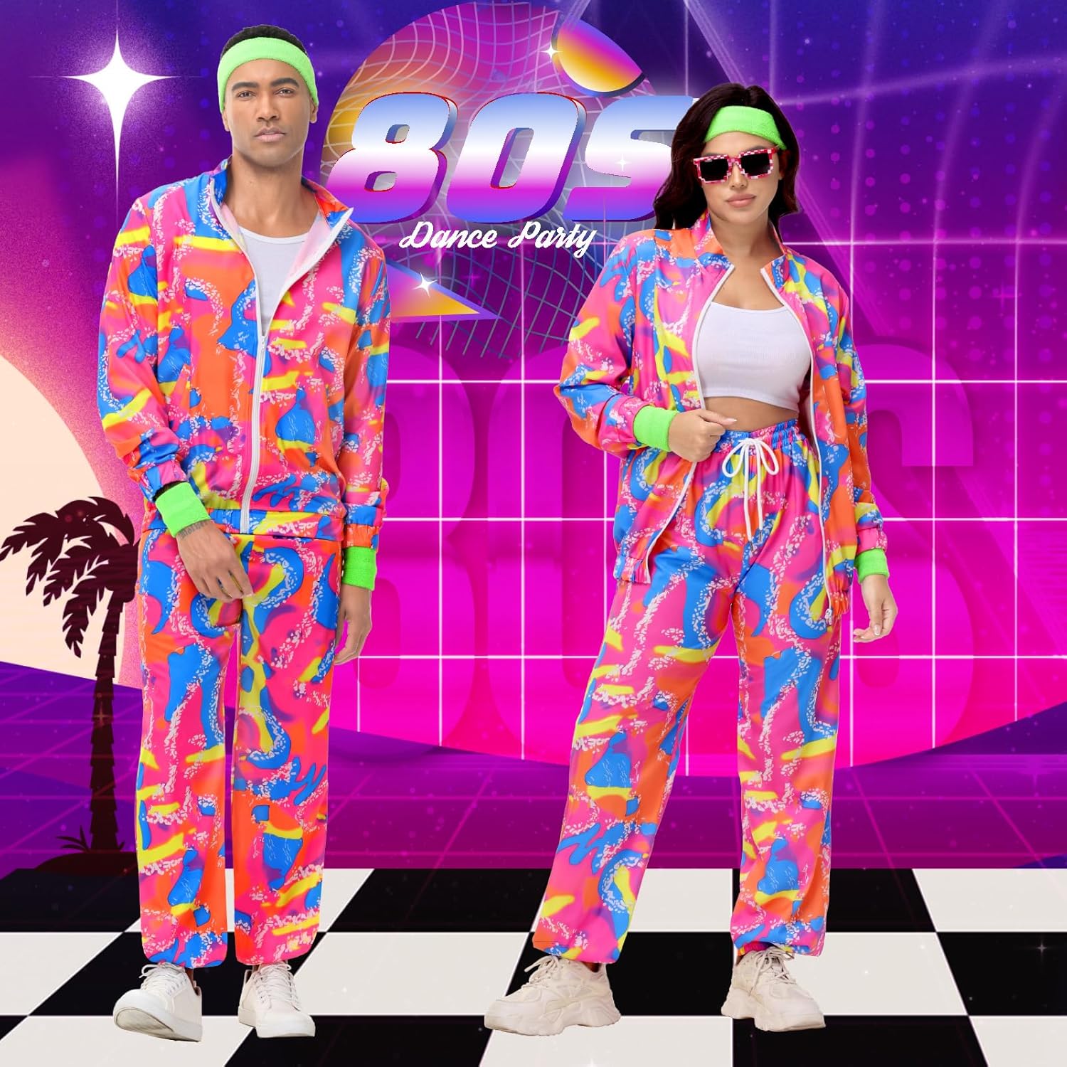 80s Outfit for Men Women,Neon Retro Tracksuit 90s Windbreaker Costume,Hip Hop Party Workout Track Suit Clothing - Image 3