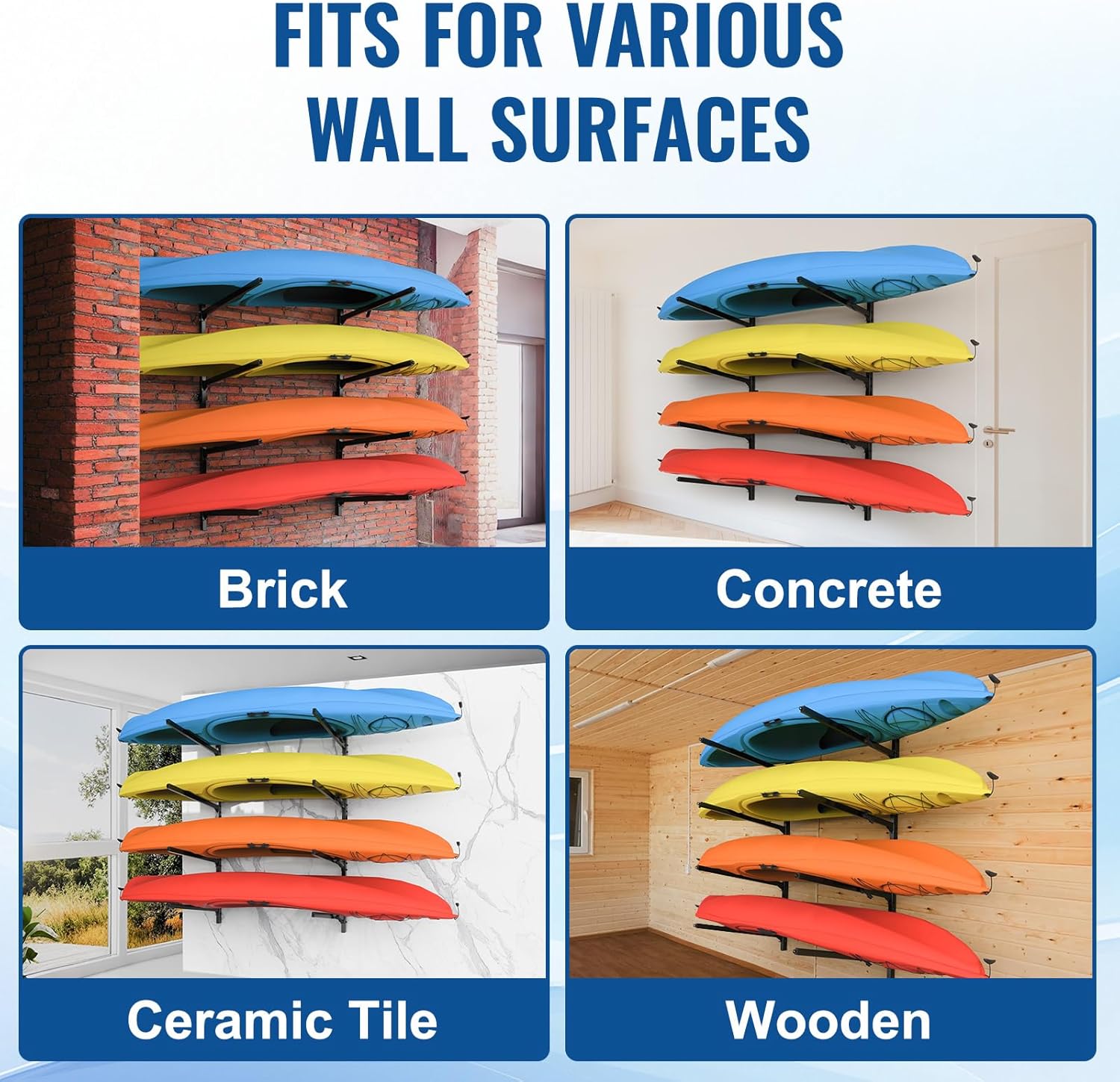 Kayak Storage Rack Wall Mount, Heavy Duty Kayak Wall Mount for Garage and Outdoor Storage, Kayak Wall Rack Adjustable for Kayak, Canoe, Surfboard and Paddle Board, 4 Tier