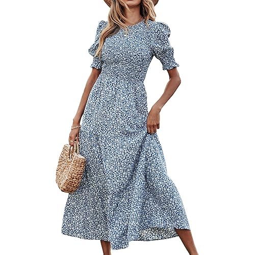 BTFBM Women Casual Summer Dresses 2025 Spring Crew Neck Ruffle Short Sleeve Floral Print Smocked Boho Flowy Maxi Dress