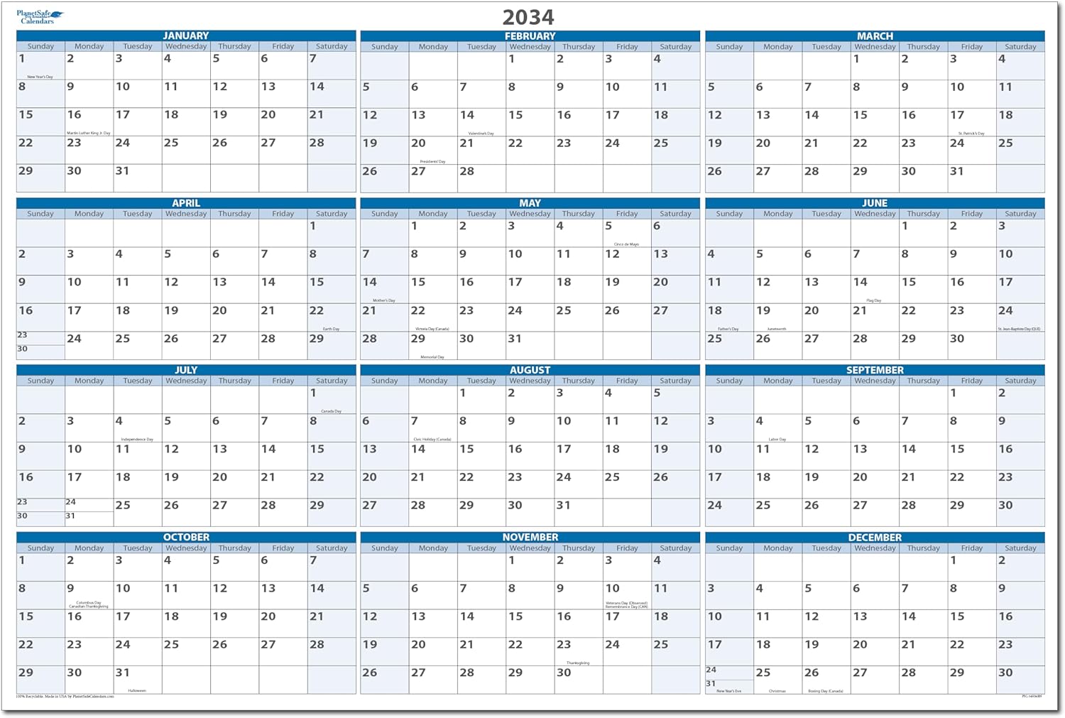 2027 Horizontal High End Dry-Erasable Wall Calendar 24" x 36". Marker and Eraser included