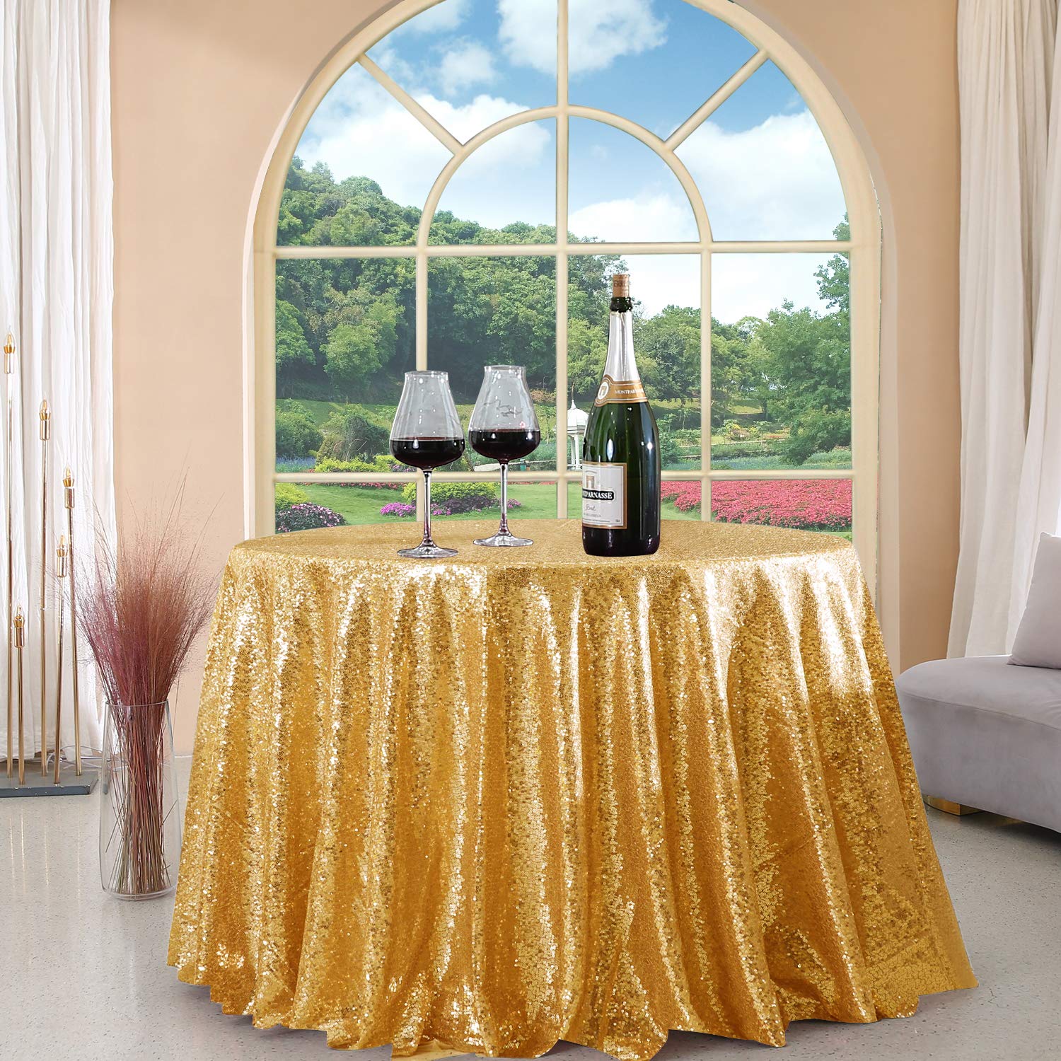 FYLEDAEE Gold Sequin Tablecloth Round 108 inch Glitter Shimmer Tablecloth for Wedding Baby Shower Birthday Party Dinners Sparkly Tablecloth
