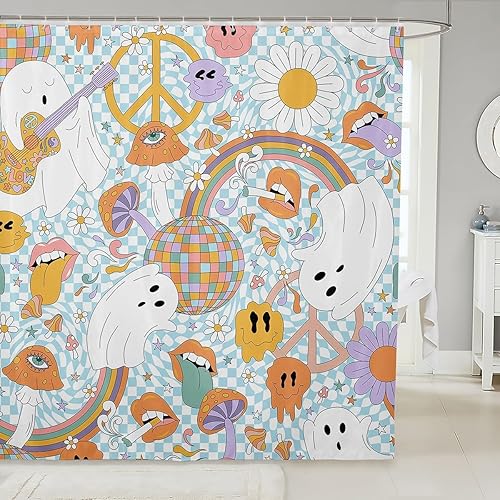 Cortina de ducha gótica de Halloween con diseño de fantasmas de dibujos animados, 72 pulgadas de ancho x 72 pulgadas de largo, flores hippie groovy,