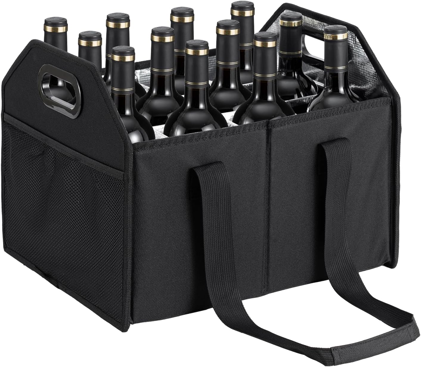 Collapsible 12 Bottle Wine Carrier - Reusable Portable Storage Box for Tote Bag, Moving, Vacation, Bottle Caddy, Grocery Shopping, Wine Tasting (Black)
