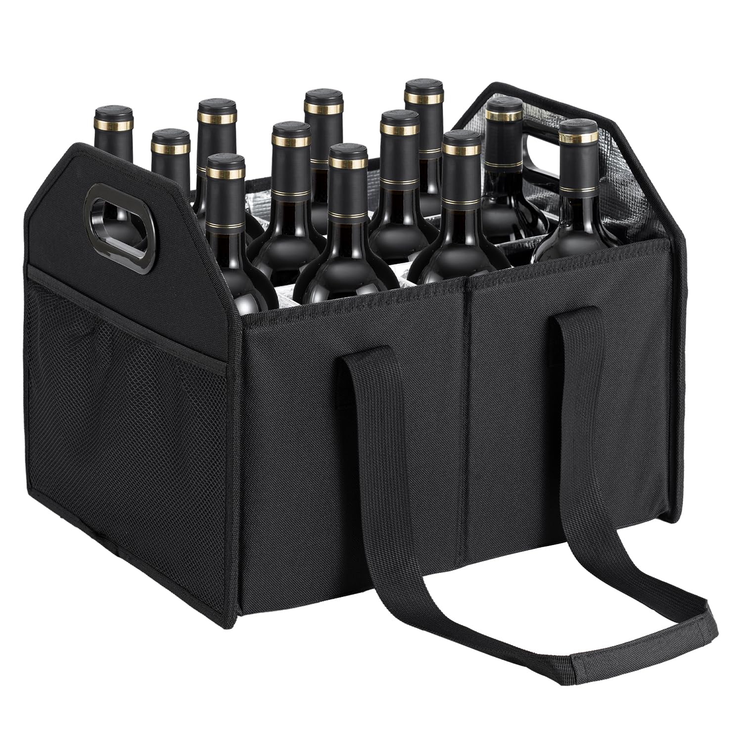 Flaschen-Wein-Tragetasche, zusammenklappbar, Aufbewahrungsbox für 12 Flaschen, wiederverwendbar, tragbar, für Tragetasche, Umzug, Urlaubsflasche, Einkauf, Weinprobe, Zubehör (schwarz)