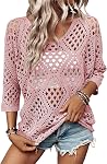 SHEWIN Femmes d'été Tops Hollow Out Plage Crochet Couverture Hauts V Col 3/4 Manches Pullover Chandail chemises