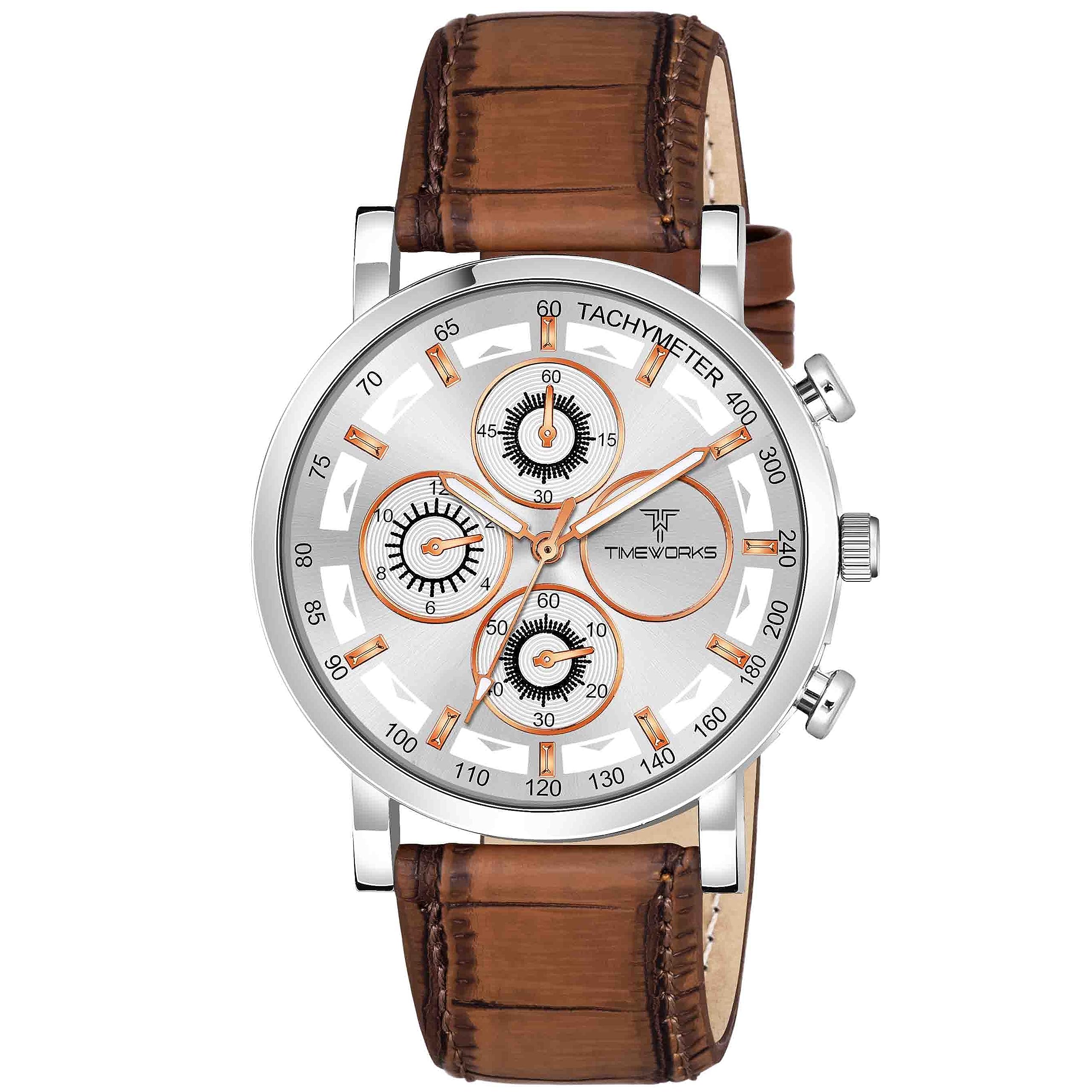 TIMEWORKS Analogue round shaped White dial Leather Strap Mens and Boys Watch 405SEL01 (B0CGD9B4GJ) Amazon Price History, Amazon Price Tracker