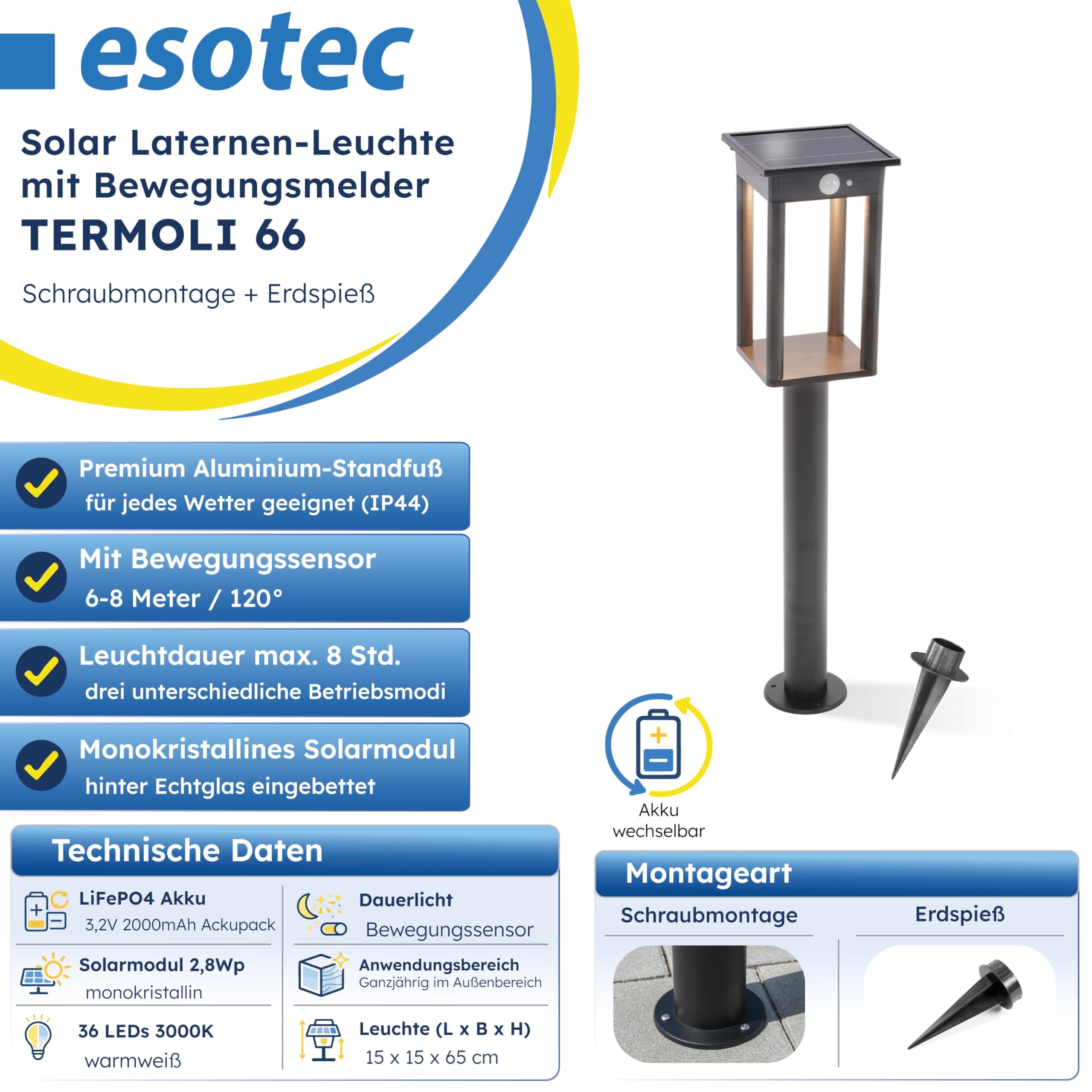 Esotec Solar Laterne Standleuchte Wegeleuchte Termoli 66, PIR, ALU 102757