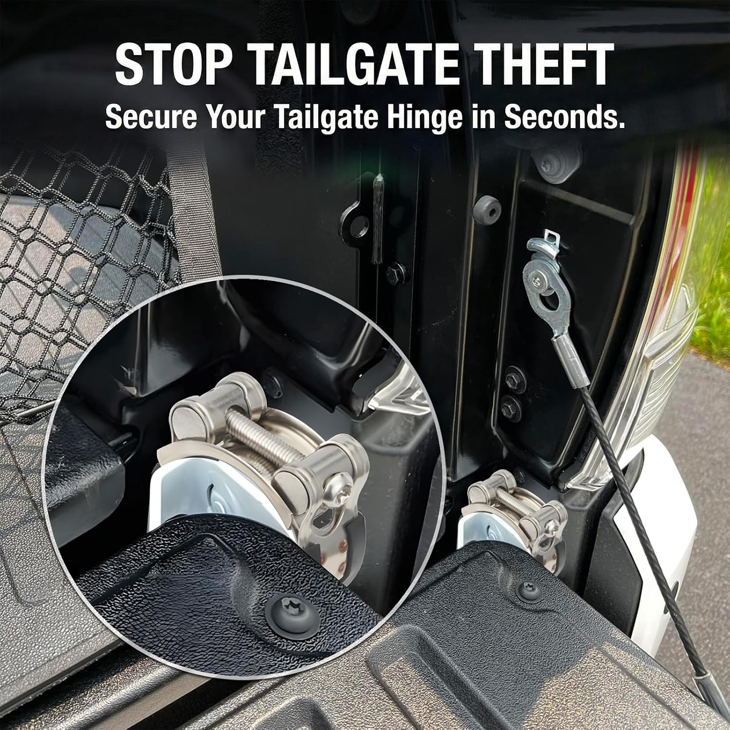 Tailgate Anti-Theft Lock for Most Trucks, Adjustable Pickup Tailgate Hinge Security Clamp, 304 Stainless Steel Rust-Resistant, No-Drill Install, Tamper-Resistant Bolt+Wrench Included