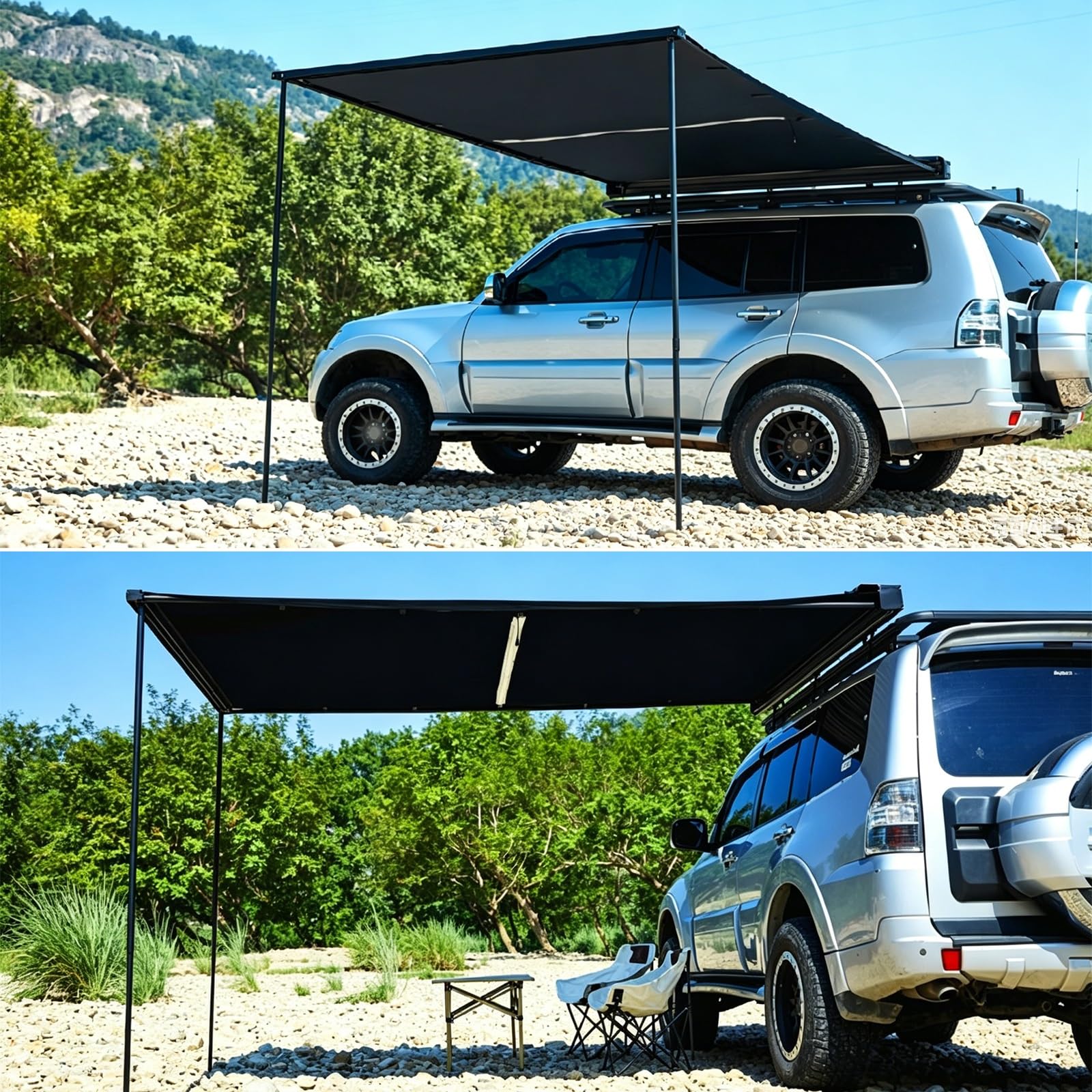 Markiza Samochodowa z Powłoką w Kolorze Czarnym, Markiza Samochodowa z Oświetleniem LED, Rozkładana Aluminiowa Rama do SUV-ów, Samochodów Kempingowych i Terenówek(160x250cm/63x98in)