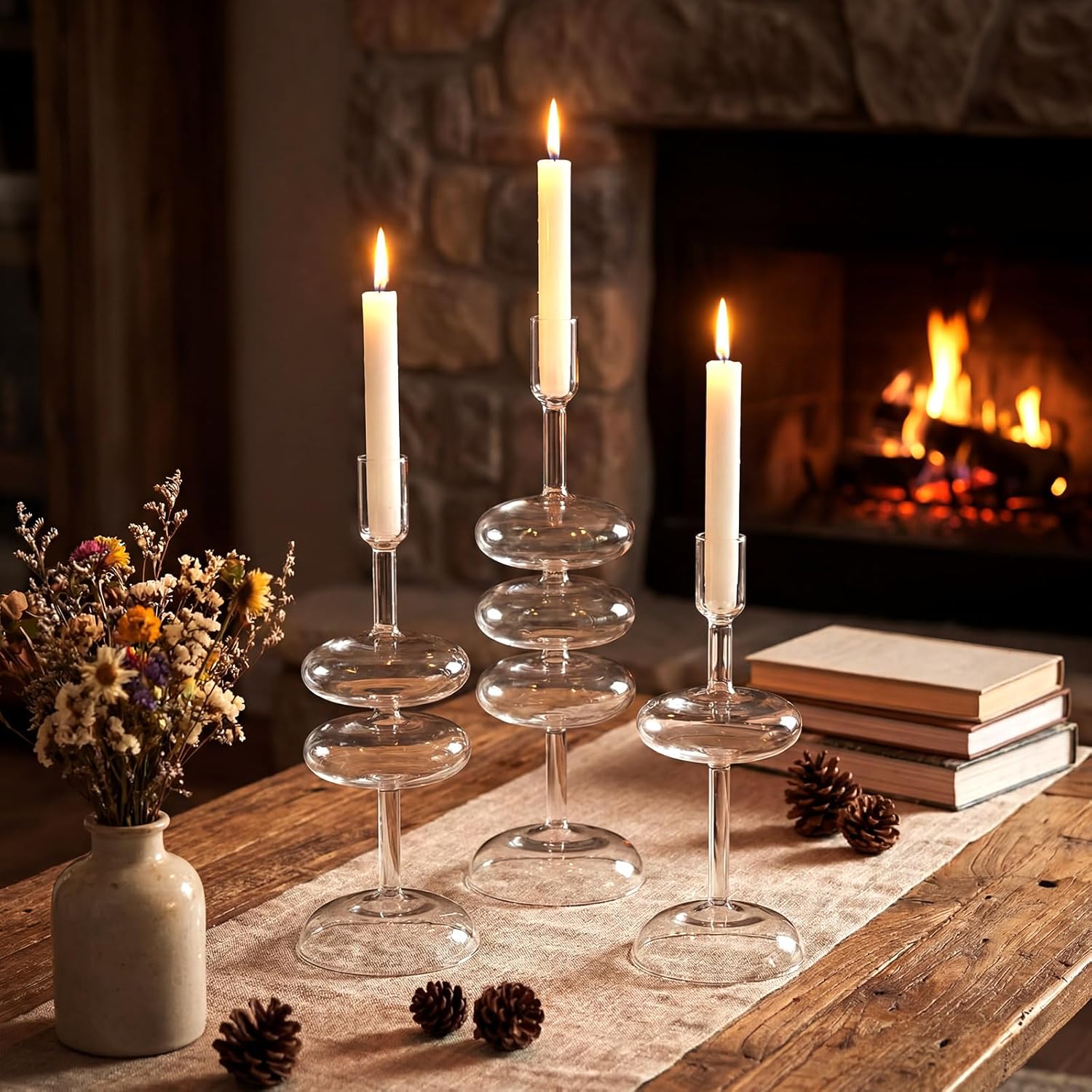 LemonRoad 3 Pcs Glass Candlestick Holders, Glass Taper Candle Holder Groovy Wavy Vase Candle Stick Stand for Wedding Birthday Easter St. Patrick's Day Home Windowsill Party Decor(Clear)