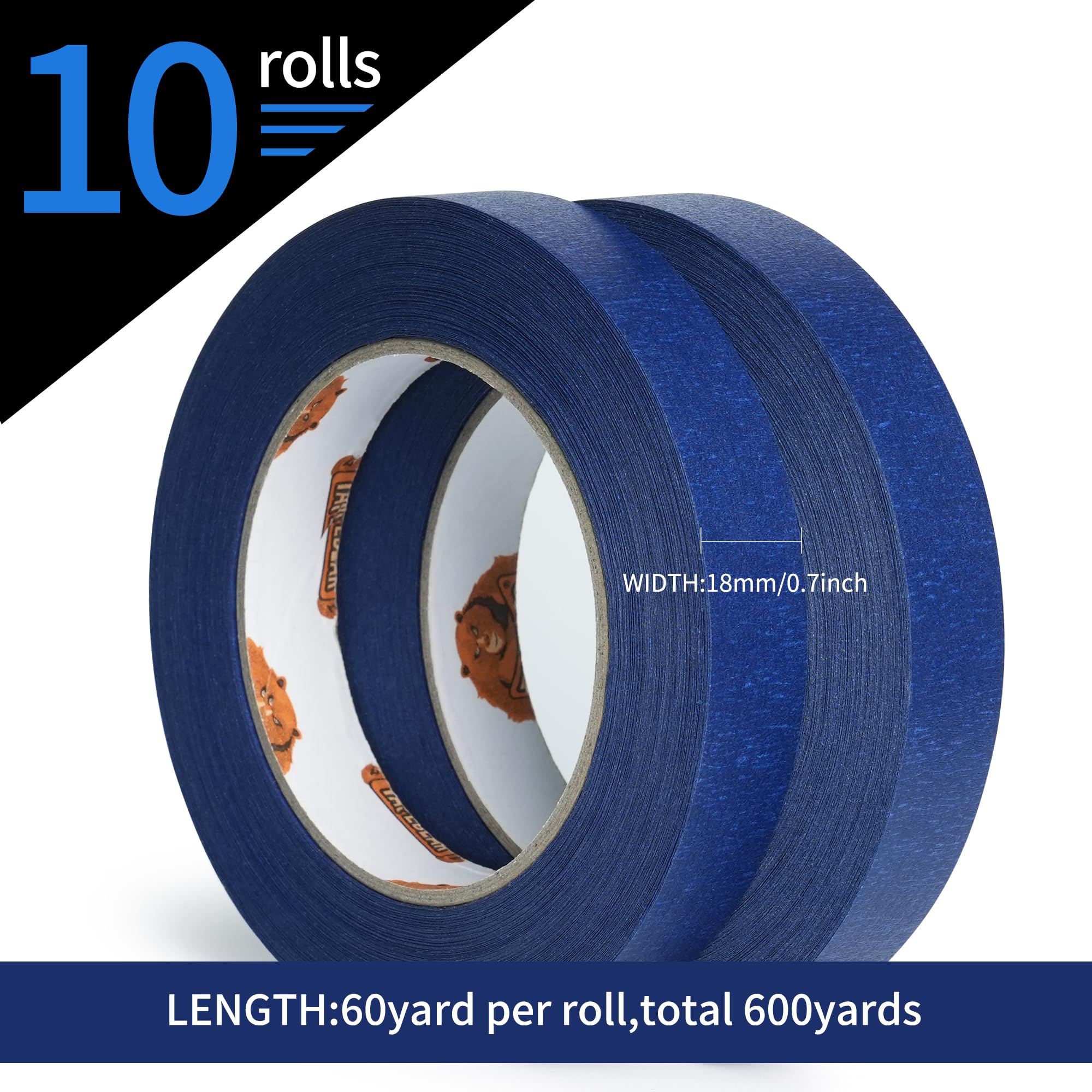 TAPEBEAR Nastri di Mascheratura 10 Rotoli Blu Nastro Adesivo Carta 18mm×55m, Resistenza ai raggi UV, Multiuso Nastro Adesivo Da Pittore per Fai Da Te Vernice Auto Pareti Imbianchino Rimovibile