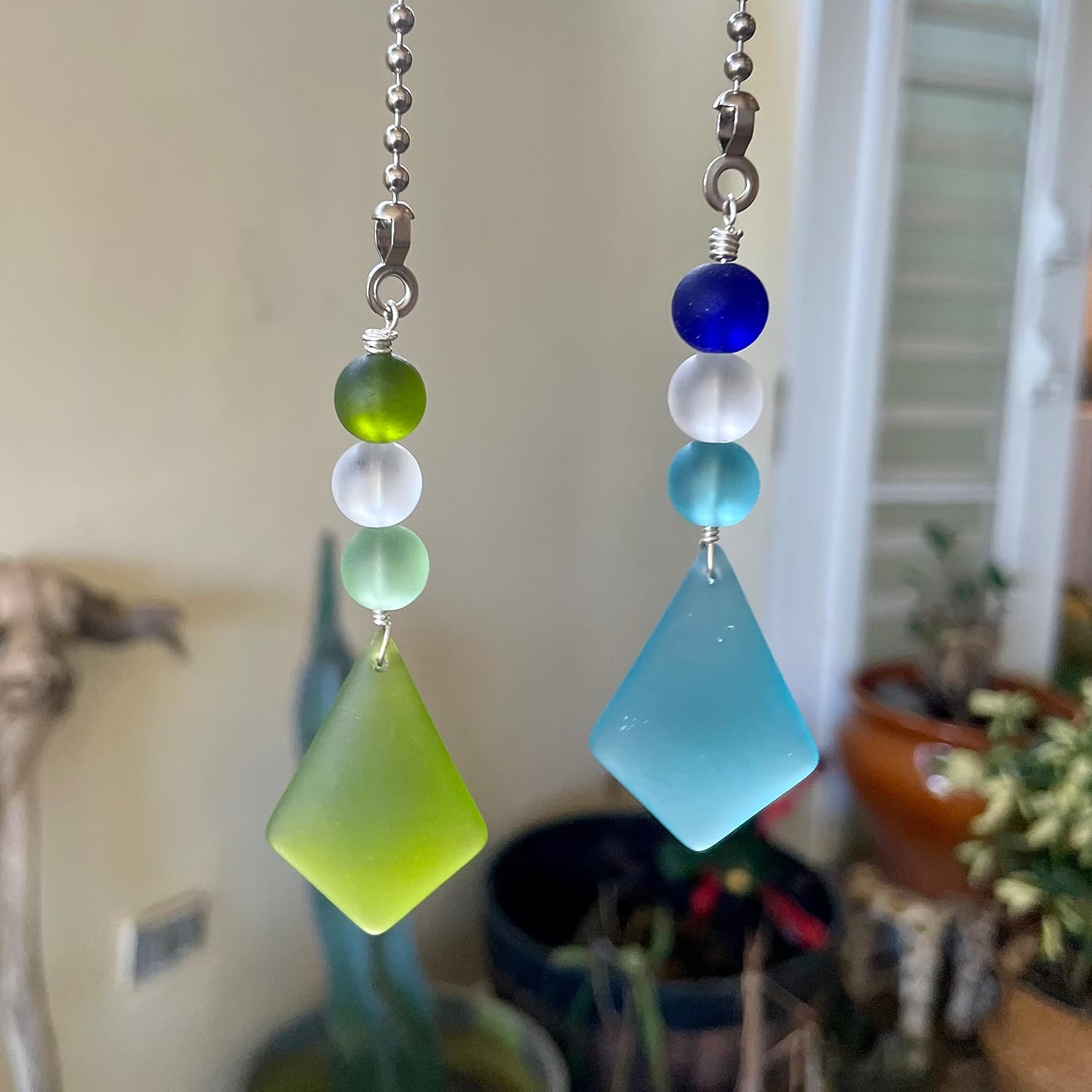 Sea Glass Ceiling Fan Light Pull Set of Two, Beach and Coastal Cottage Decor, New Home Gift, Handmade in The Caribbean