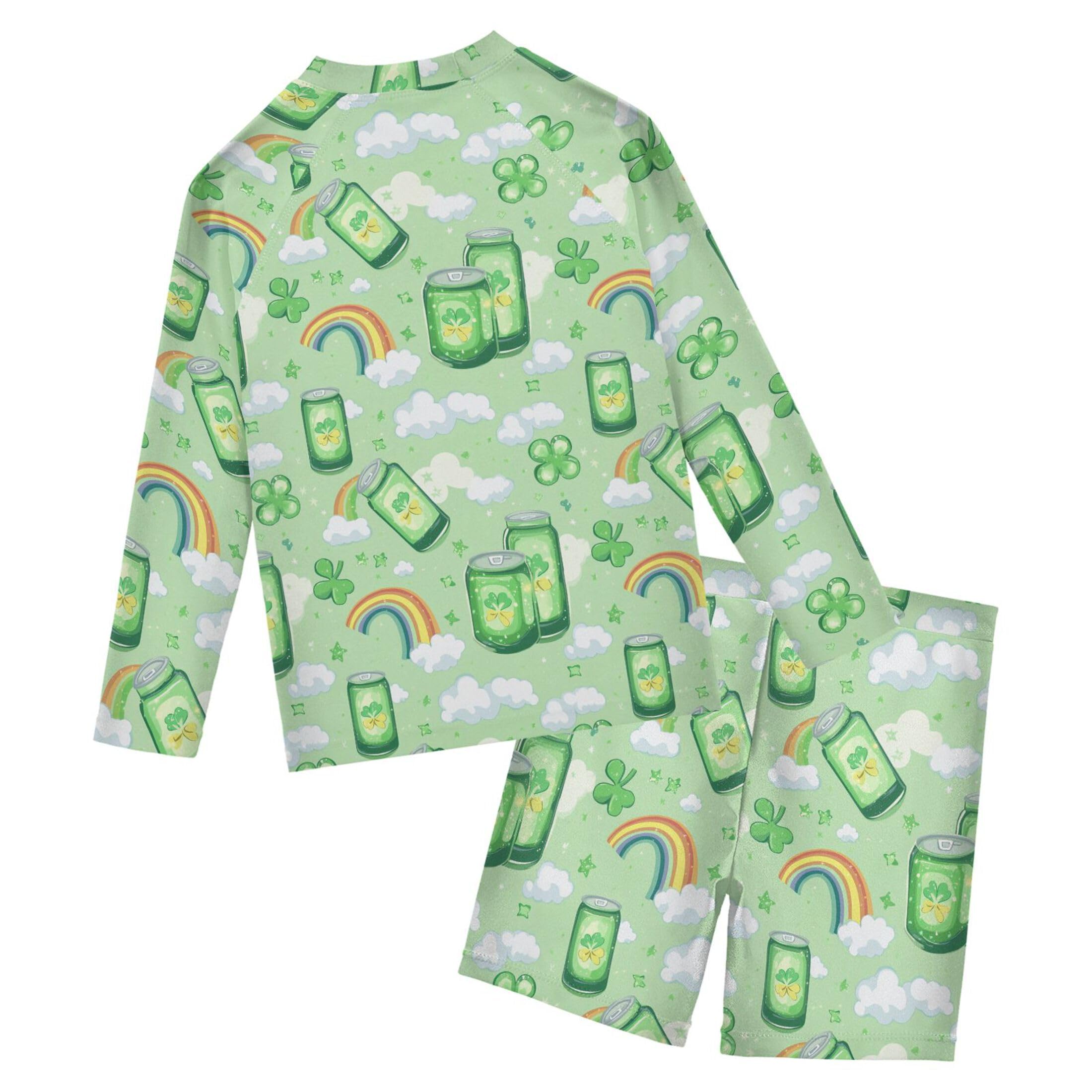 St Patrick Clover Cans Rainbow Baby Boys' Toddler Long Sleeved Rashguard Swim Bathing Suit Set B0404678