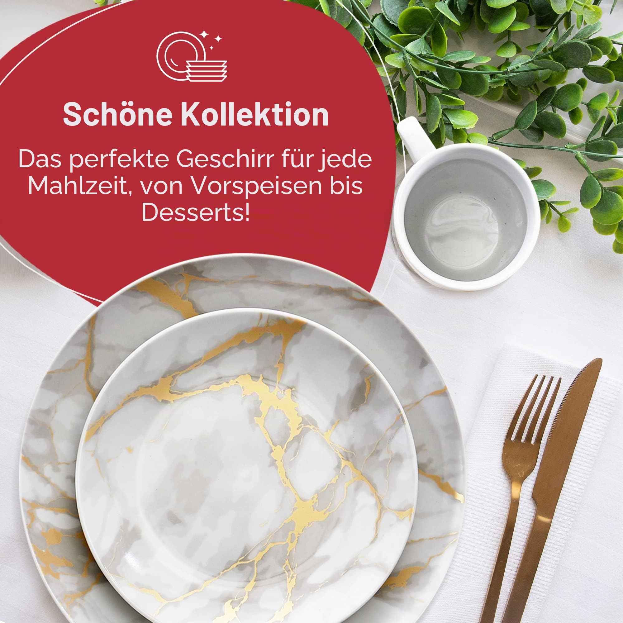Safdie & Co. - Gold Marmor Teller und Schüsseln Sets, Moderne Küche 16-teiliges Geschirr-Sets, Innen- und Außenteller, mit Tassen, Spülmaschinenfest