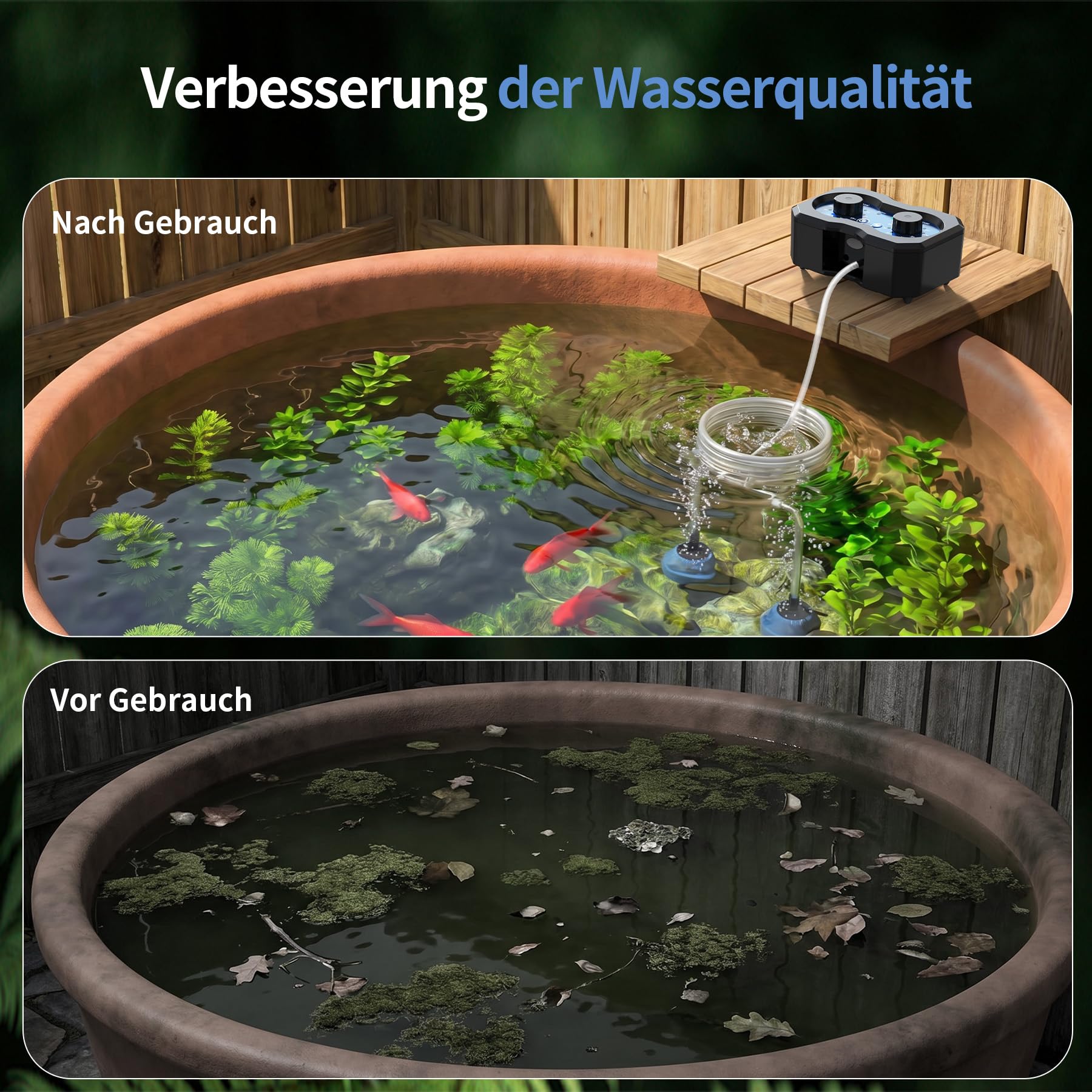 Teichbelüfter Solar mit Akku, 3W Solar Sauerstoffpumpe für Teich, Aufladbar Aquarium Luftpumpe mit 2200 mAh 146 Modi für Wasserzirkulation im Garten Teich Aquarium Fischzucht