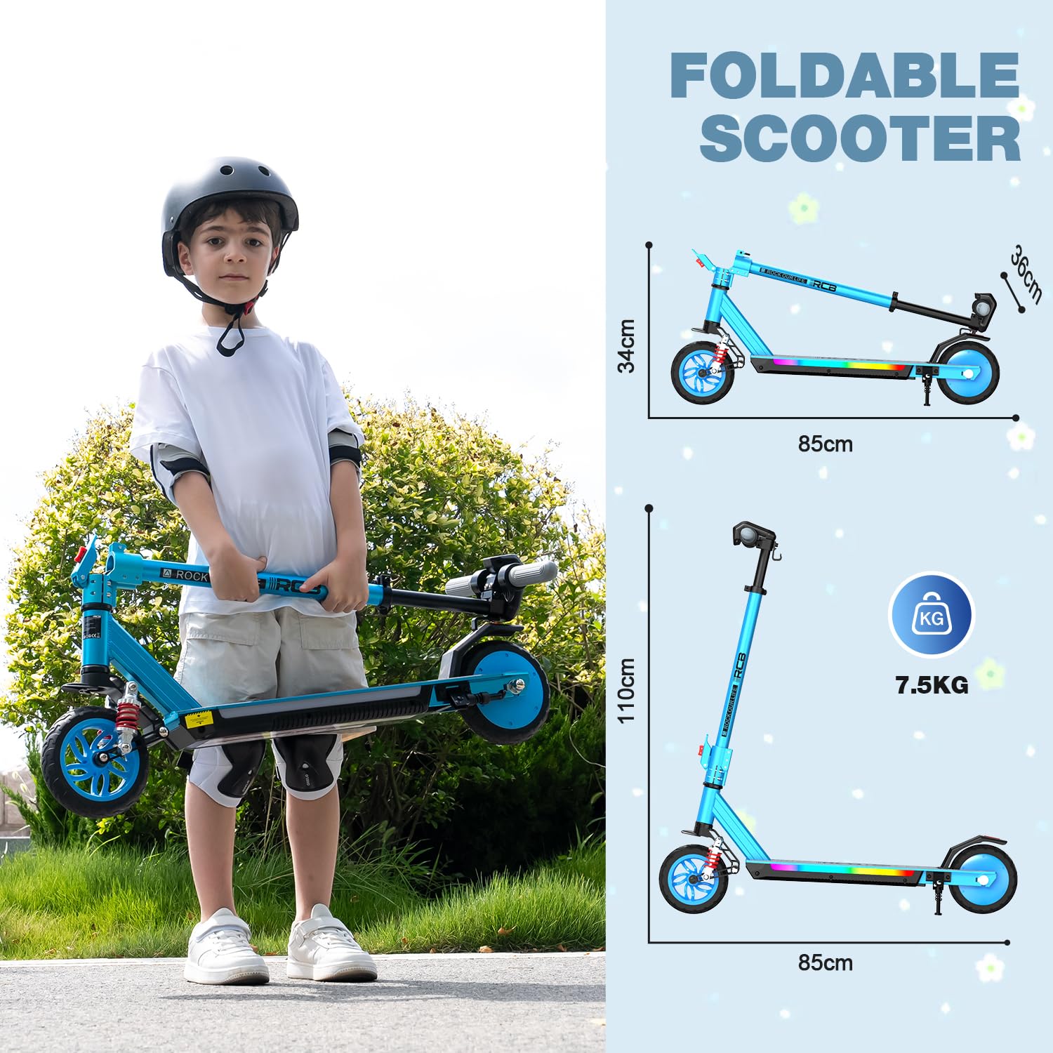 RCB R12 MAX E-Scooter Kinder 6-12 Jahren, bis zu 18km/h &15km, 7 Zoll Faltbar Elektroroller,Stoßdämpfung,Höhenanpassung,Bunte Leuchten,LED Display,Doppelte Bremsen, Geschenk für Kinder