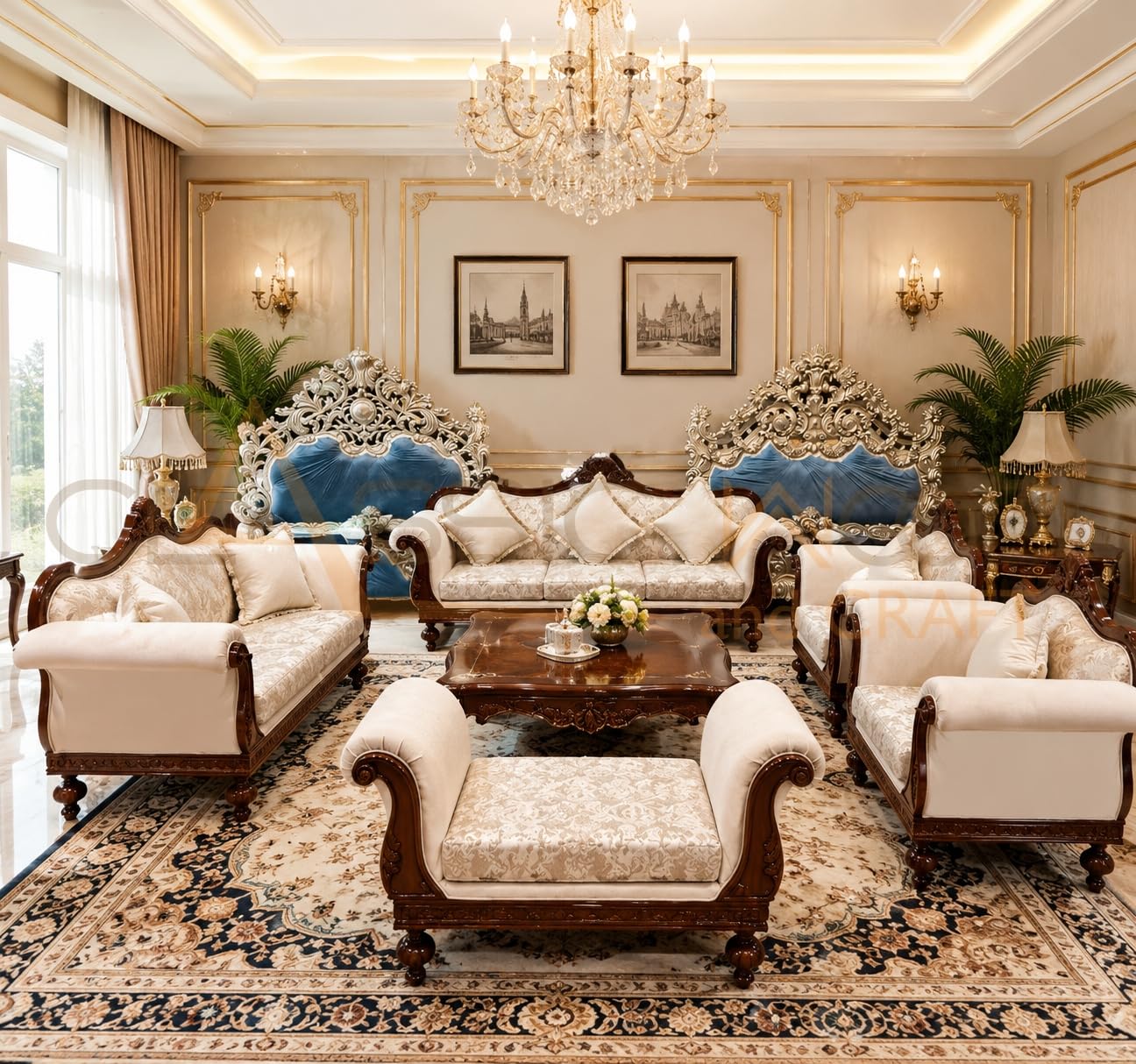 Royal Victorian Sofa Set 3+2+1+1 Settee & Center Table Teak Wood Frame Walnut Finish Printed Designer Upholstery Handcrafted Maharaja Style Living Room Furniture-image-1