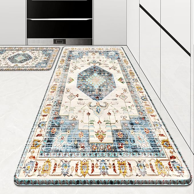 HappyTrends Boho Kitchen Mat,Anti-Fatigue Kitchen Mats for Floor Cushioned Rug for Kitchen Decor Accessories,Waterproof Non-Slip Mats and Rugs Set for Office,Floor 17.3"×30"+17.3"×47",Light Blue