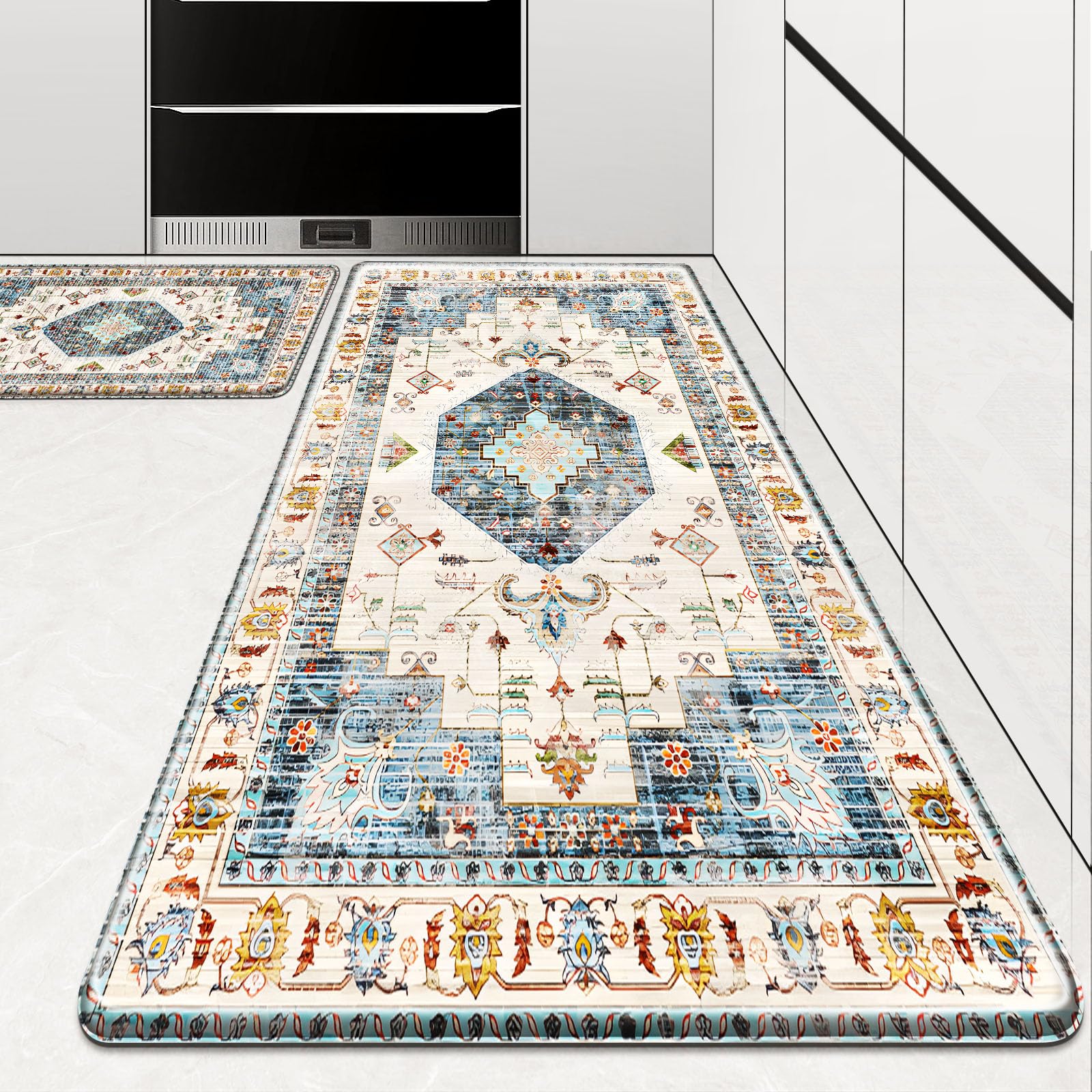 HappyTrends Boho Kitchen Mat,Anti-Fatigue Kitchen Mats for Floor Cushioned Rug for Kitchen Decor Accessories,Waterproof Non-Slip Mats and Rugs Set for Office,Floor 17.3"×30"+17.3"×47",Light BlueOEKO-TEX STANDARD 100