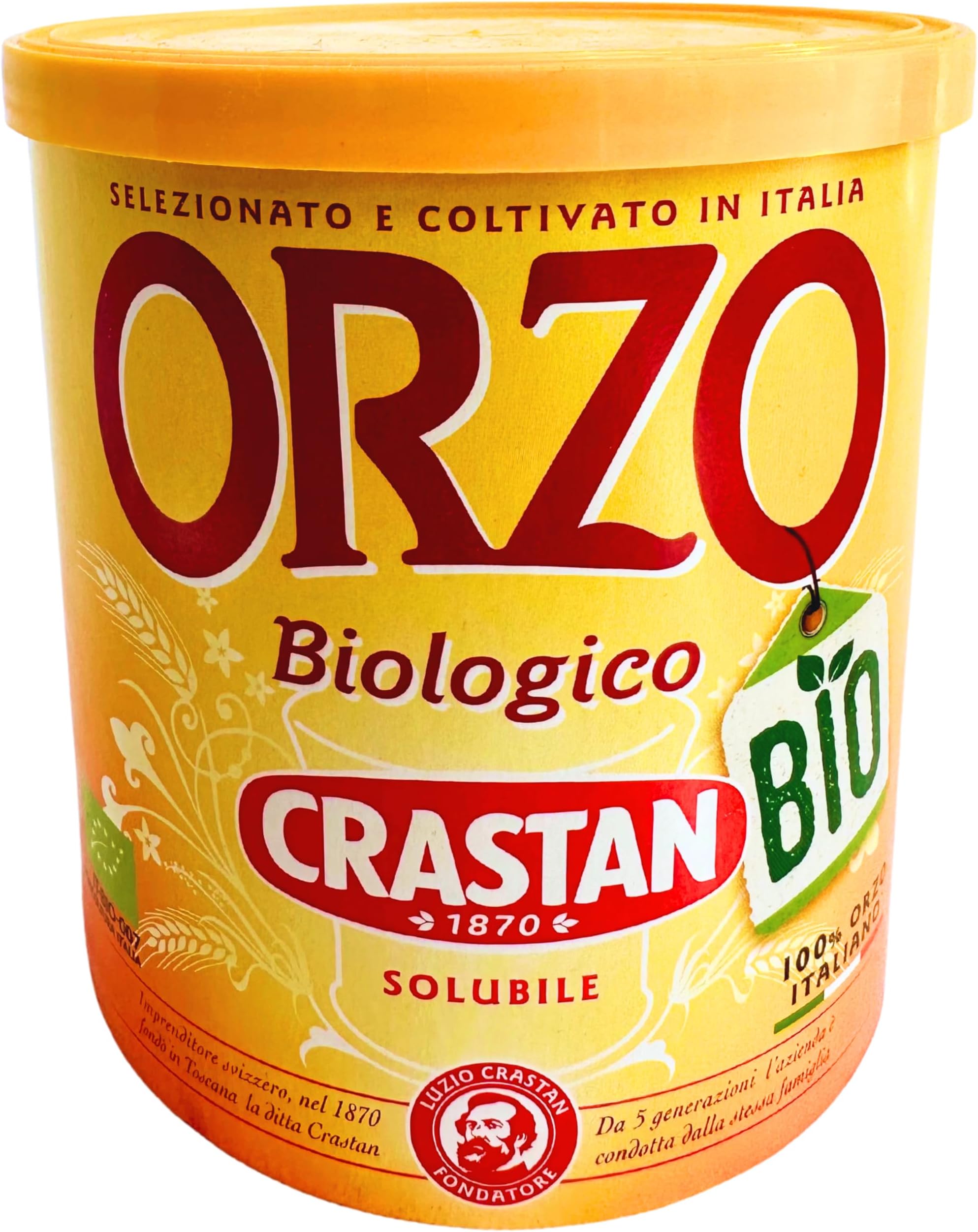Crastan 1870 Instant Organic Barley Coffee Substitute 4.4 oz. (125g) Roasted Ground Barley - Orzo Biologico - Grain Coffee Substitute - Mugicha, Boricha, Damaicha, Cevada - Orzo Solubile Tea Beverage