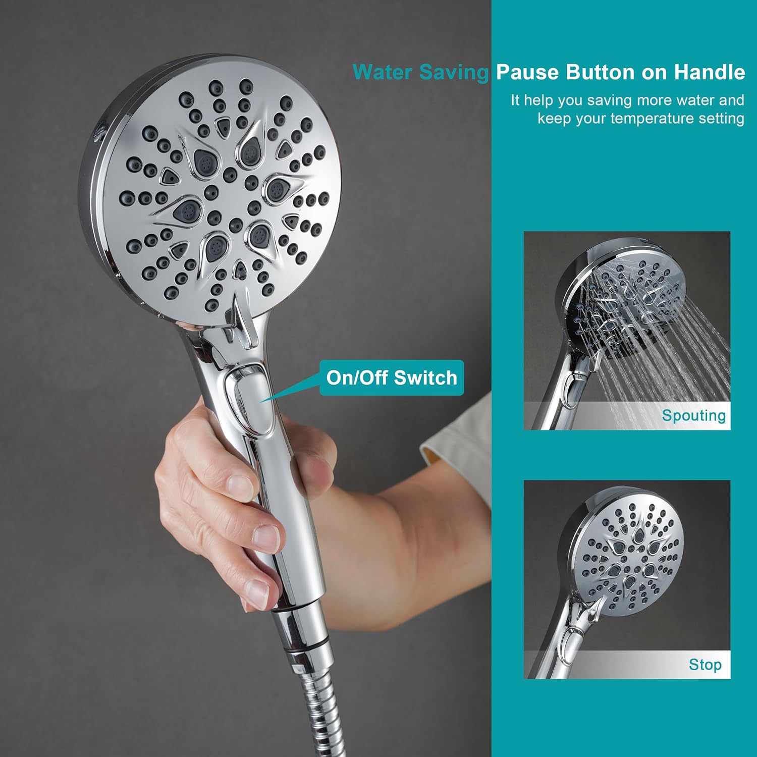 Handheld Shower Head with on off Switch&Built-in Power Spray,