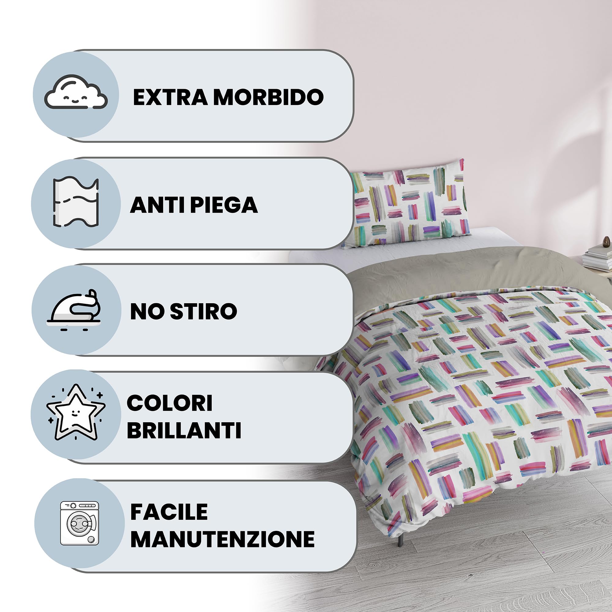 Set Copripiumino Fantasy, Lavorato in Italia - Parure Copri Piumino - Sacco Piumone 200x200 cm con Patella e federa Cuscino, Piazza e Mezza, Multicolor