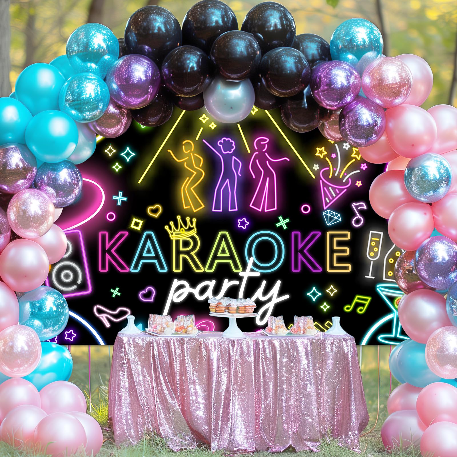 Karaoke-Party-Hintergrund (1,8x1,2 M) – Rock’n’Roll Neon Design, Aus Polyester Für Foto-Hintergründe