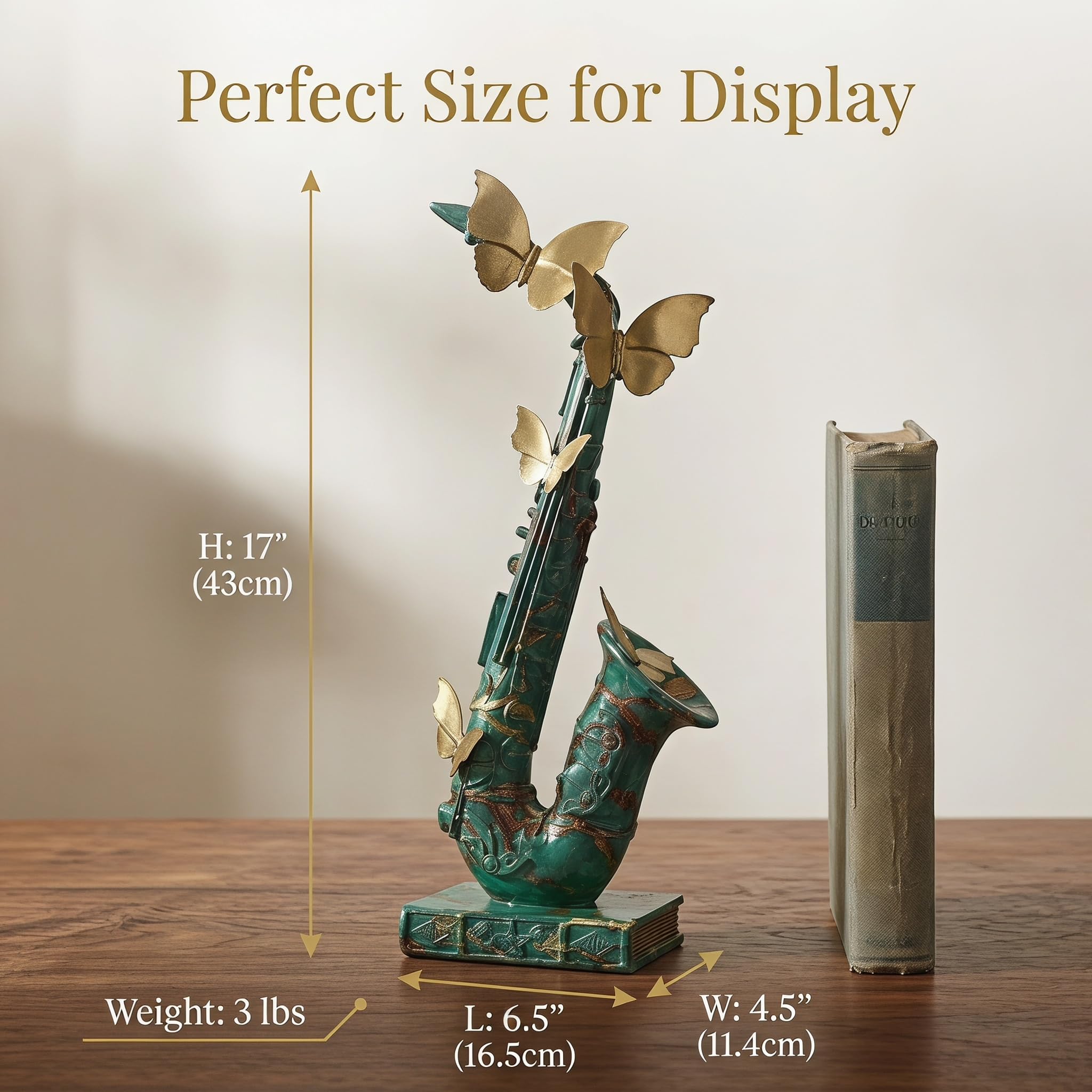 Statua di sassofono verde con farfalle dorate, ornamento decorativo a tema musicale per ufficio soggiorno, regalo per musicisti