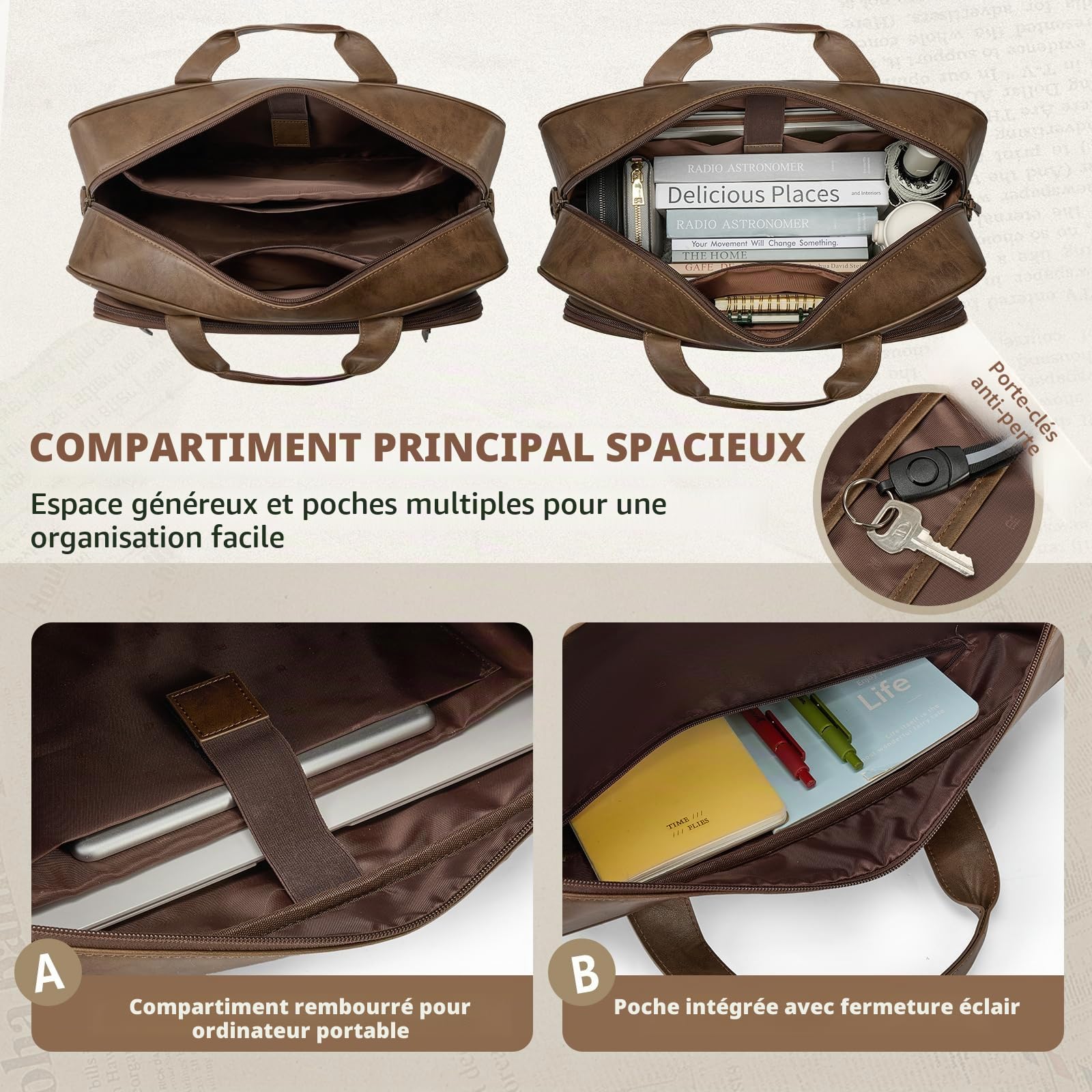 RAINSMORE Sacoche Ordinateur Homme 16 Pouces Cuir PU Mallette PC Tablette Cartable Imperméable Sac à Bandoulière pour Travail Affaires Collège