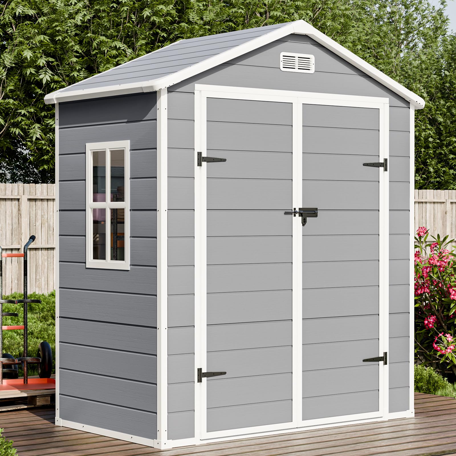 6x3 FT Resin Storage Shed, Waterproof Outdoor Storage Shed with Floor, Window, Double Lockable Doors & 2 Vents, Tool Shed for Garden Patio, Backyard, Grey