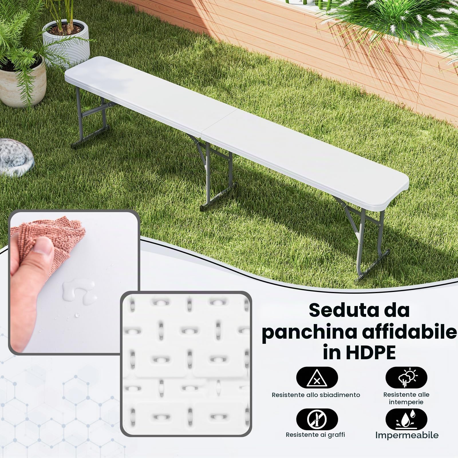 KOMFOTTEU Panca da Giardino Pieghevole in Plastica, Panchina da Esterno Portatile con Maniglia di Trasporto, Panca da Campeggio con Telaio in Metallo, per Patio, Picnic, Portata 300 kg (Bianco II)
