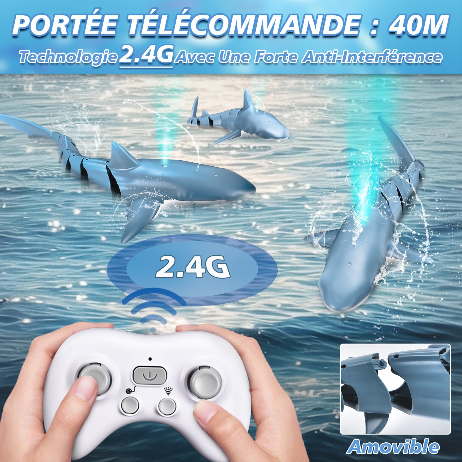 YOOHBERRYS Requin Telecommandé, 2.4 GHz Jouet Requin Télécommandé, Bateau Requin RC avec Lumières et Jets d'eau, Jouet Piscine Cadeau pour 6+ Ans Garçon Fille (Bleu)