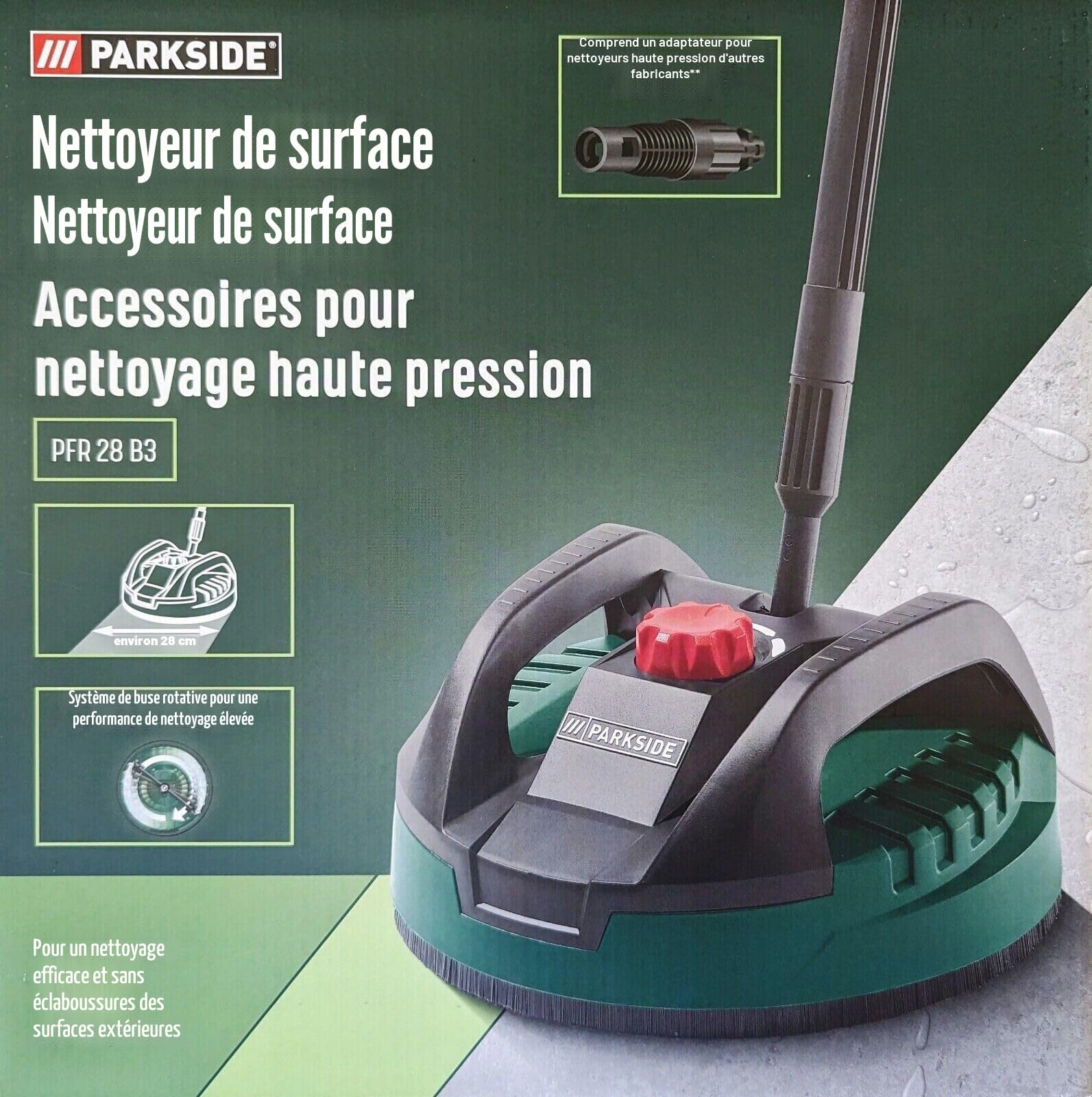 Parkside Nettoyeur de Surface PFR 28 B3 / 28 cm pour Nettoyeur Haute Pression avec Adaptateur, Vert
