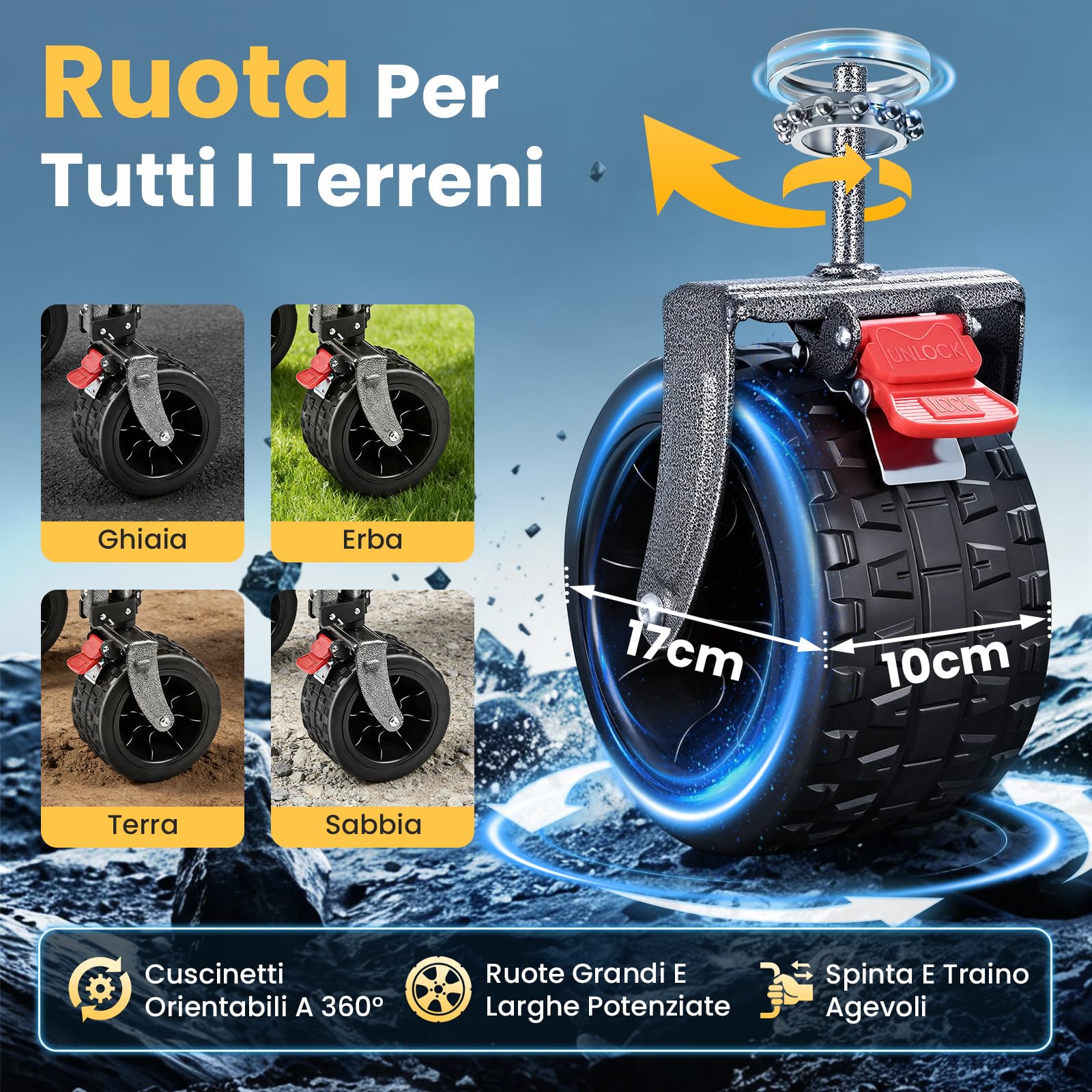YEAUPE PRO Carrello Spiaggia Pieghevole XXXL – Doppi freni, doppia forcella rinforzata, ruote grandi, manico regolabile, rete elastica inclusa, carrello con ruote portatutto – 250kg/260L, Nero