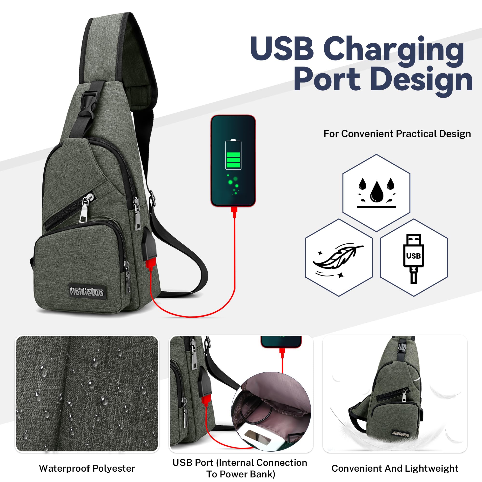 VARLIVOO Moda męska Sling Bag z portem USB Torba na klatkę piersiową Torby na ramię Torba sportowa Torba Crossbody Podróże Piesze wycieczki Kolarstwo Plecak na ramię Wodoodporny poliester Zieleń Wojskowa