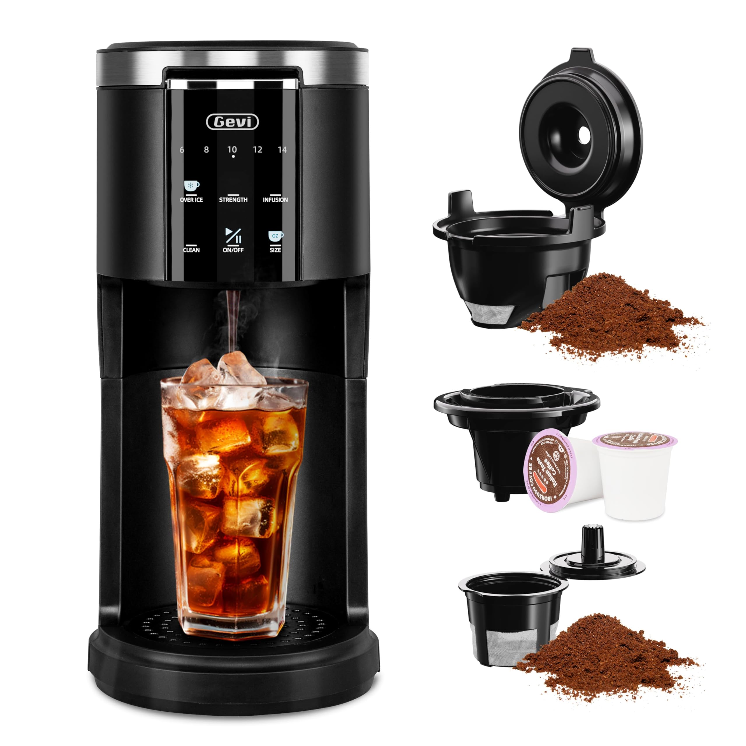 Gevi Single Serve Coffee Maker Compatible with Pods Ground Coffee 40oz Removable Water Reservoir 5 Brew Sizes 6-14oz