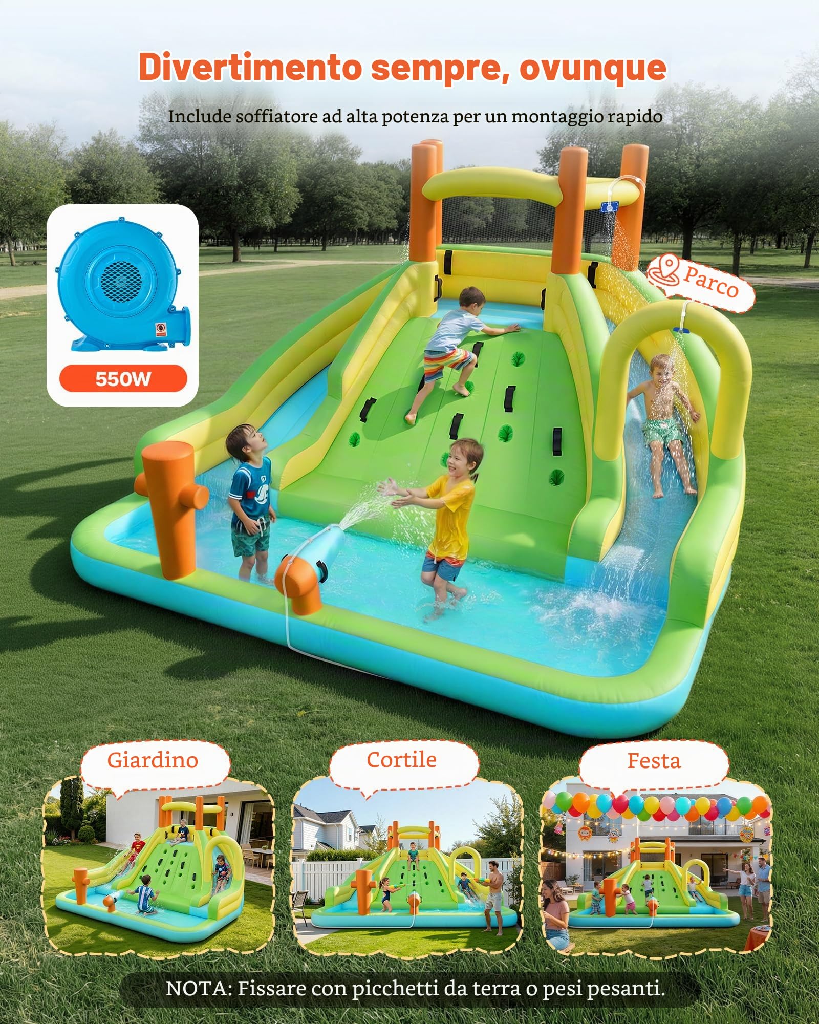 VEVOR Castello Gonfiabile Parco Acquatico per Bambini 405 x 347 x 255 cm da Esterno, Castello Gonfiabile con 2 Scivoli Parete da Arrampicata Capienza 3-4 Bambini da 3-8 Anni Gioco d'Acqua